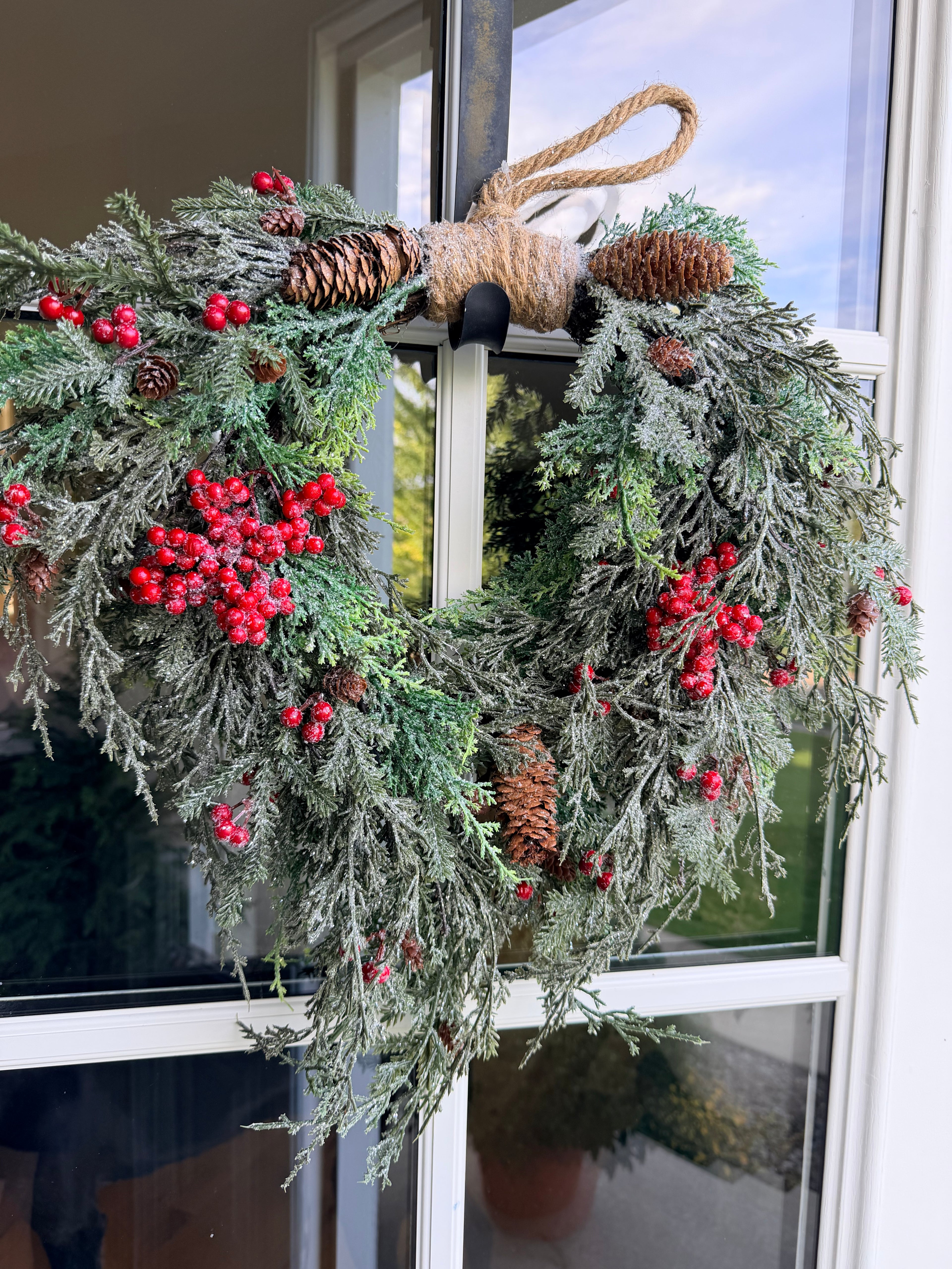 Divinity Berry Faux Cedar Wreath 20” Frosted Pinecone Red Berry Christmas Holiday Front Door