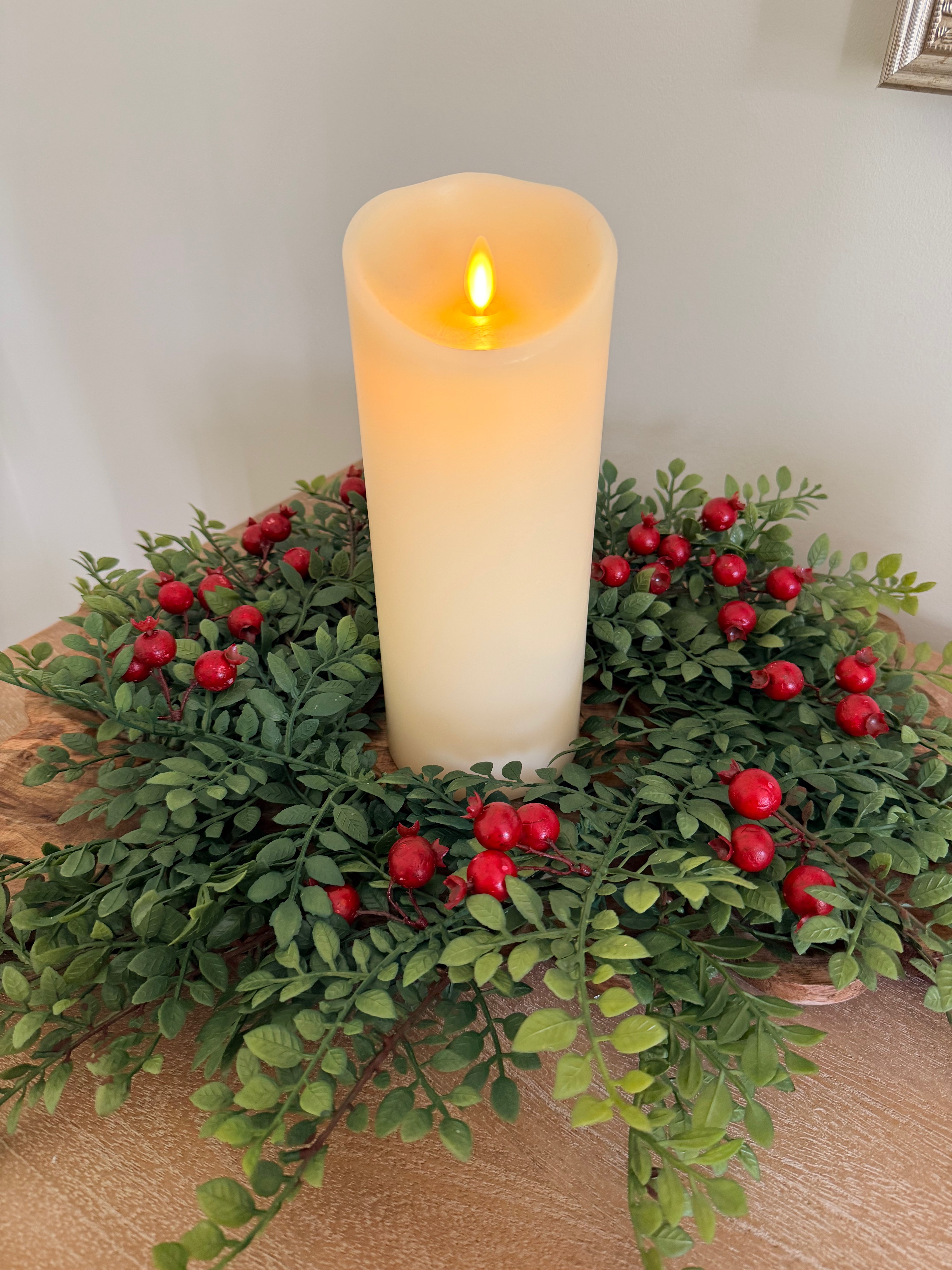 Lively Berry Bough 16” Candle Ring Boxwood Red Berries Christmas Centerpiece Holiday Table Decor