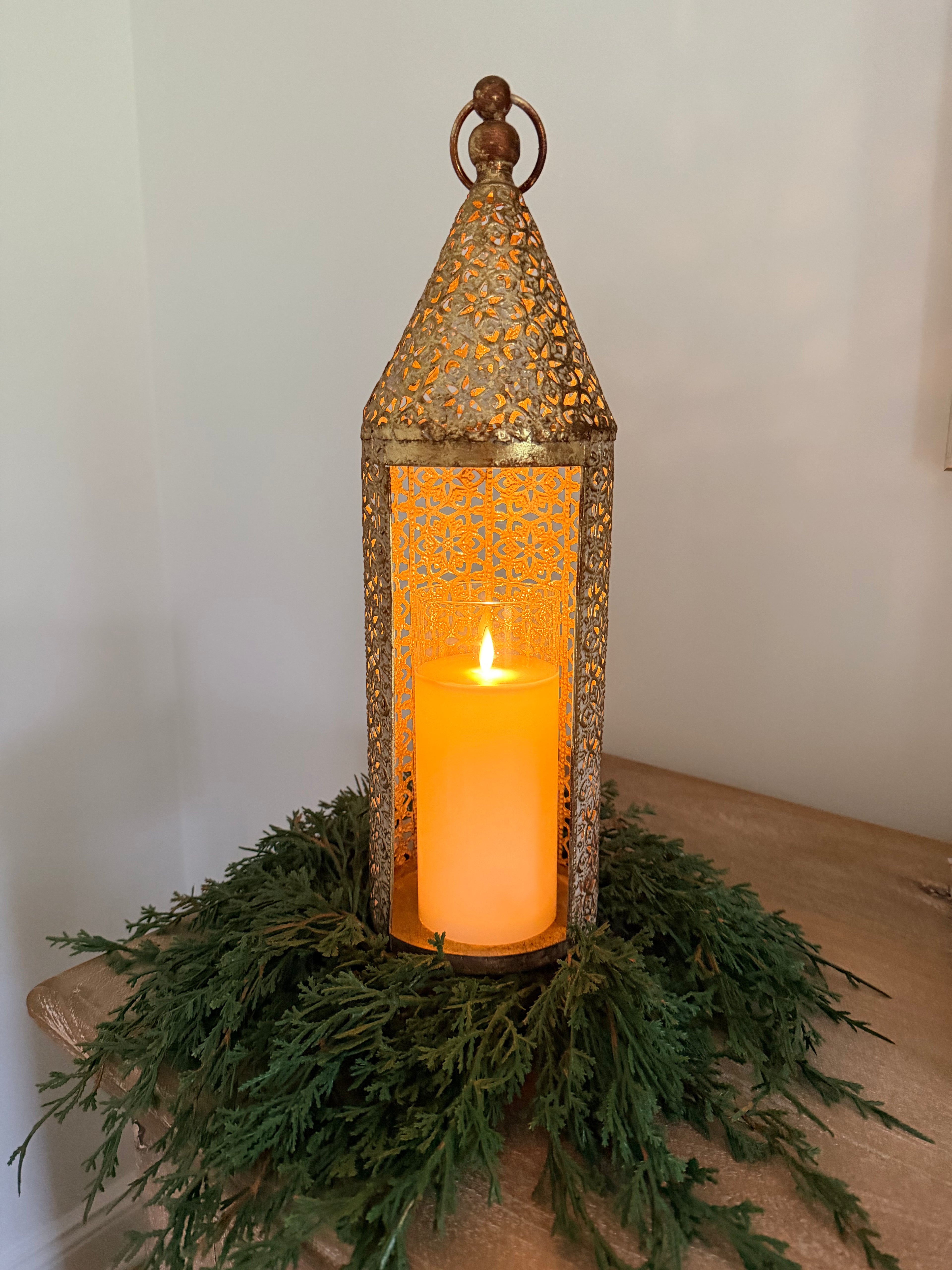 Filigree Flourish 16.5” Metal Lantern Gold Bronze Farmhouse Boho Home Decor Candle Holder
