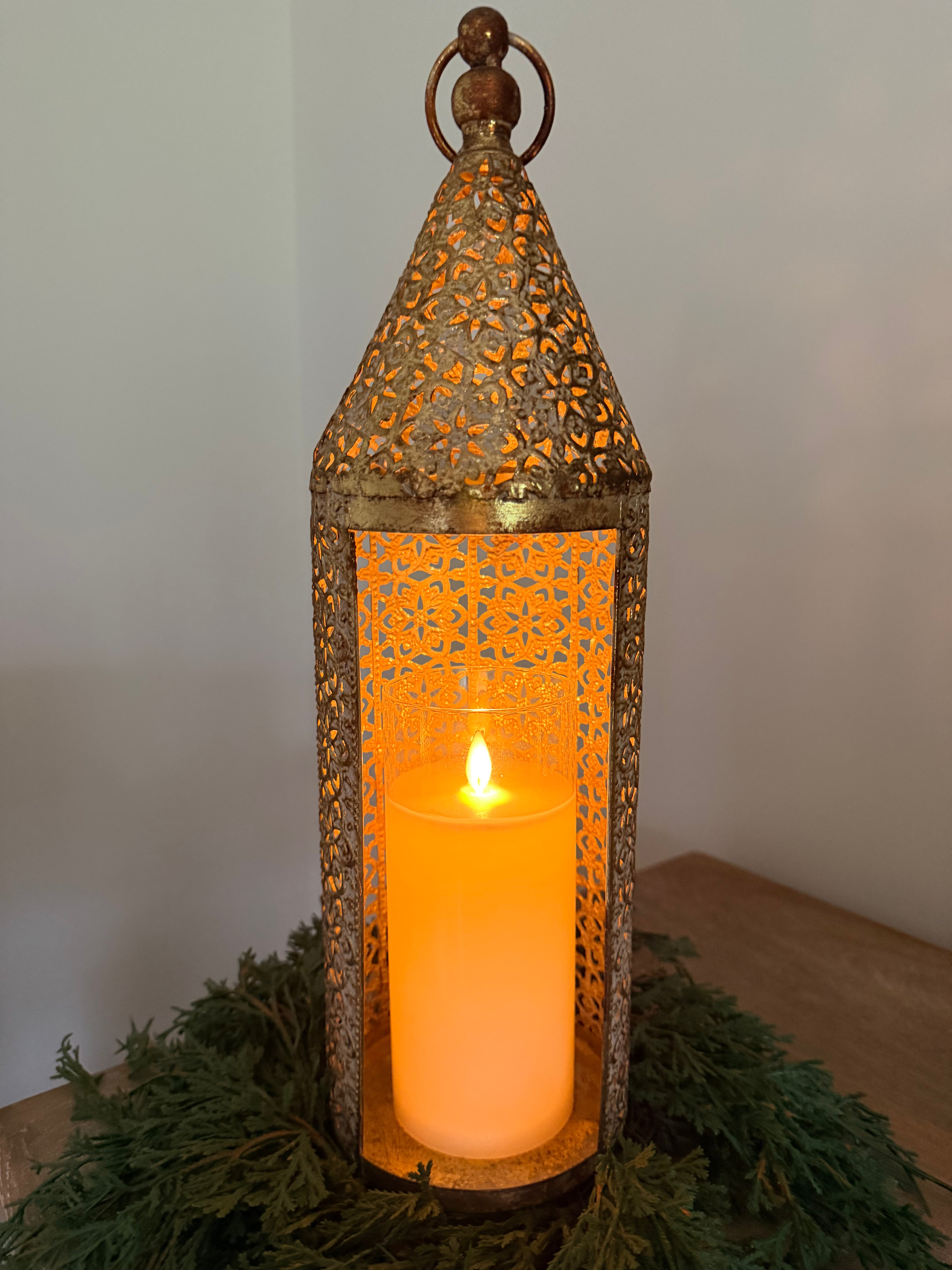 Filigree Flourish 16.5” Metal Lantern Gold Bronze Farmhouse Boho Home Decor Candle Holder