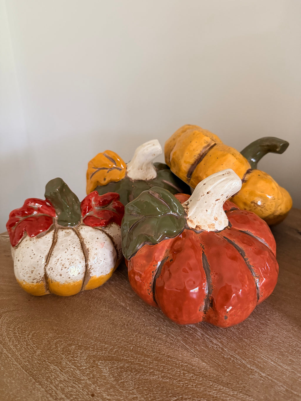 Ceramic 5” White Pumpkin Red Leaves Autumn Fall Thanksgiving Tabletop Farmhouse Decor