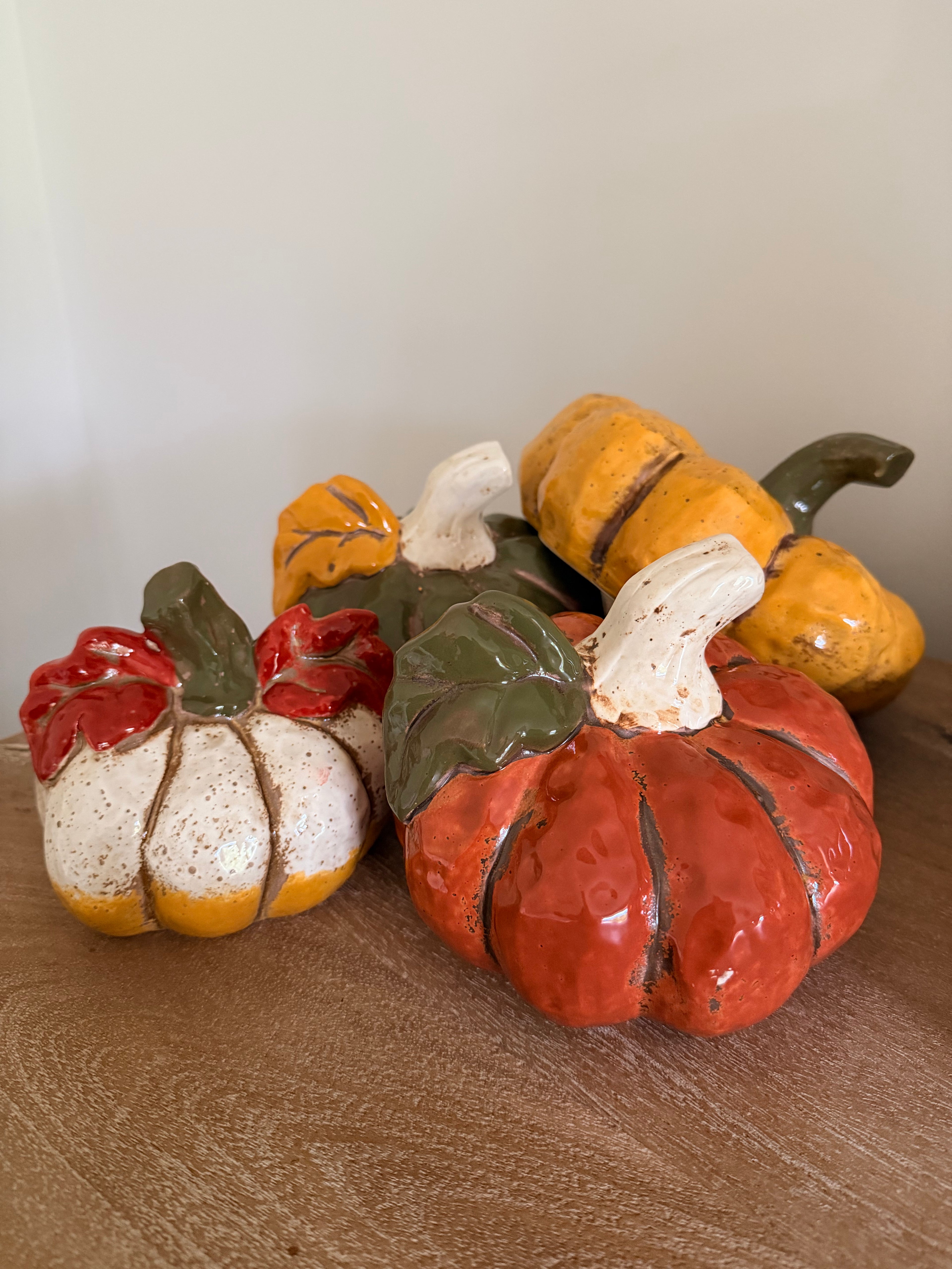 Ceramic 5” White Pumpkin Red Leaves Autumn Fall Thanksgiving Tabletop Farmhouse Decor