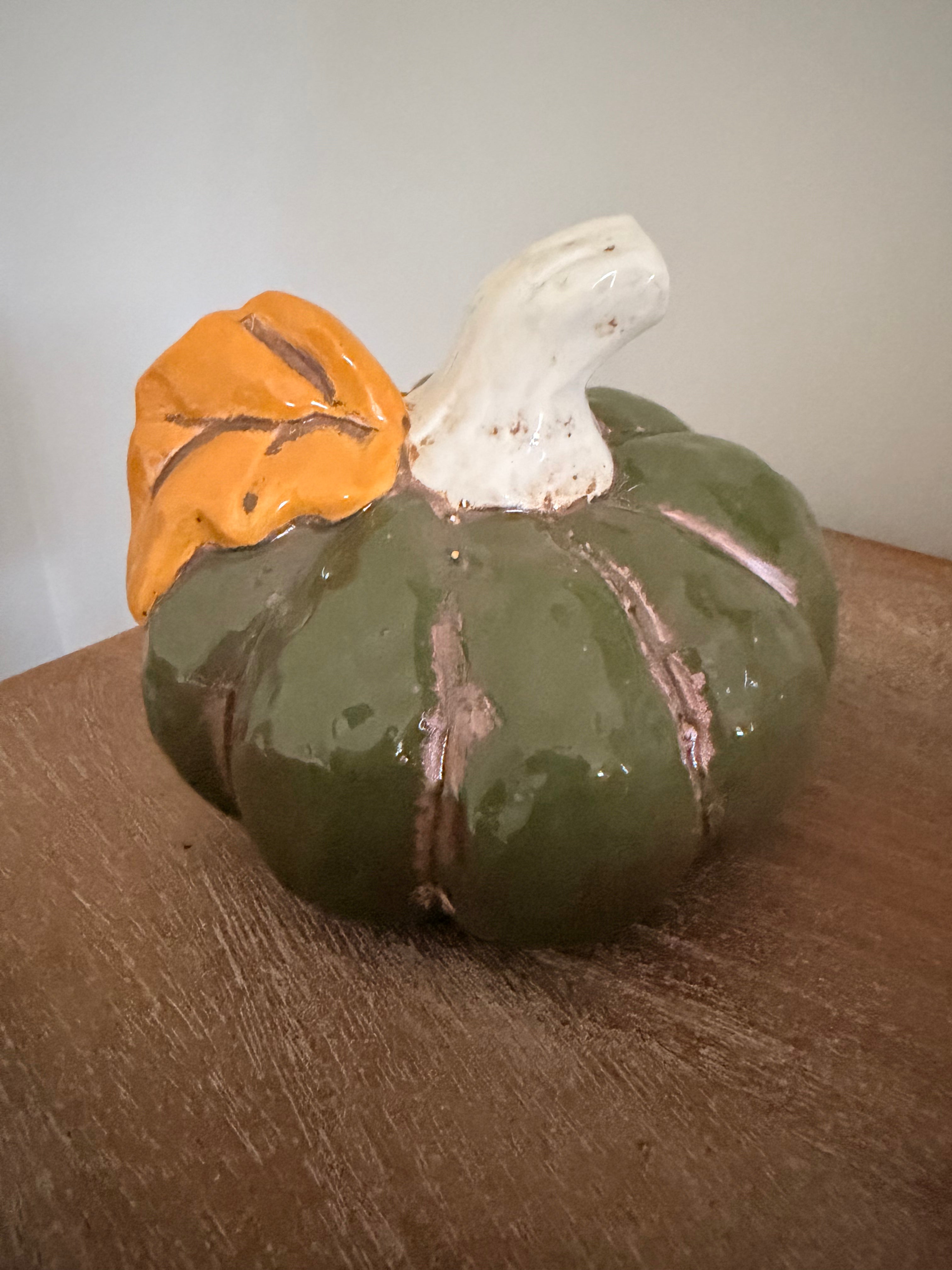 Ceramic Glazed 6” Pumpkin Harvest Thanksgiving Tabletop Decor Autumn Fall Green