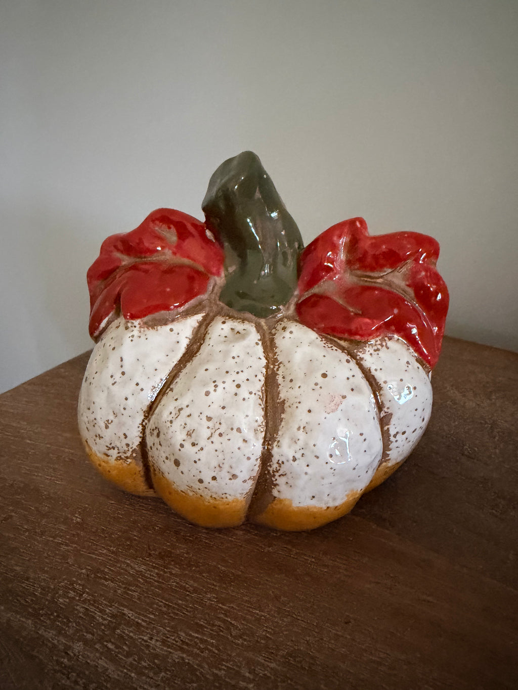 Ceramic 5” White Pumpkin Red Leaves Autumn Fall Thanksgiving Tabletop Farmhouse Decor