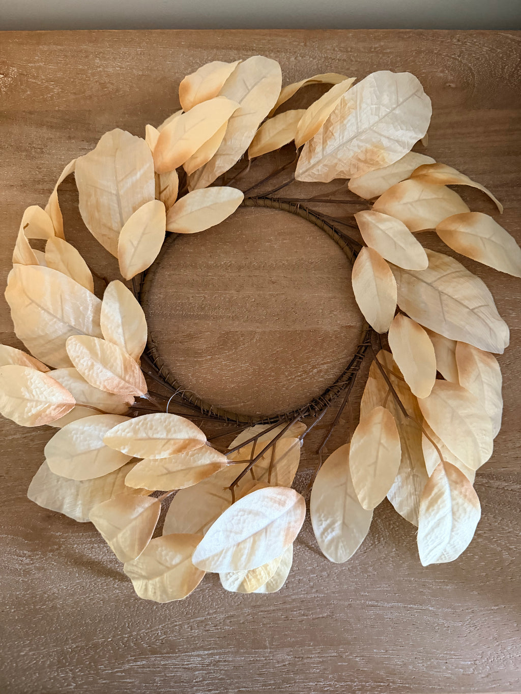 Cream Magnolia Leaf 16” Candle Ring Wreath Centerpiece Neutral Farmhouse Autumn Fall Home Decor