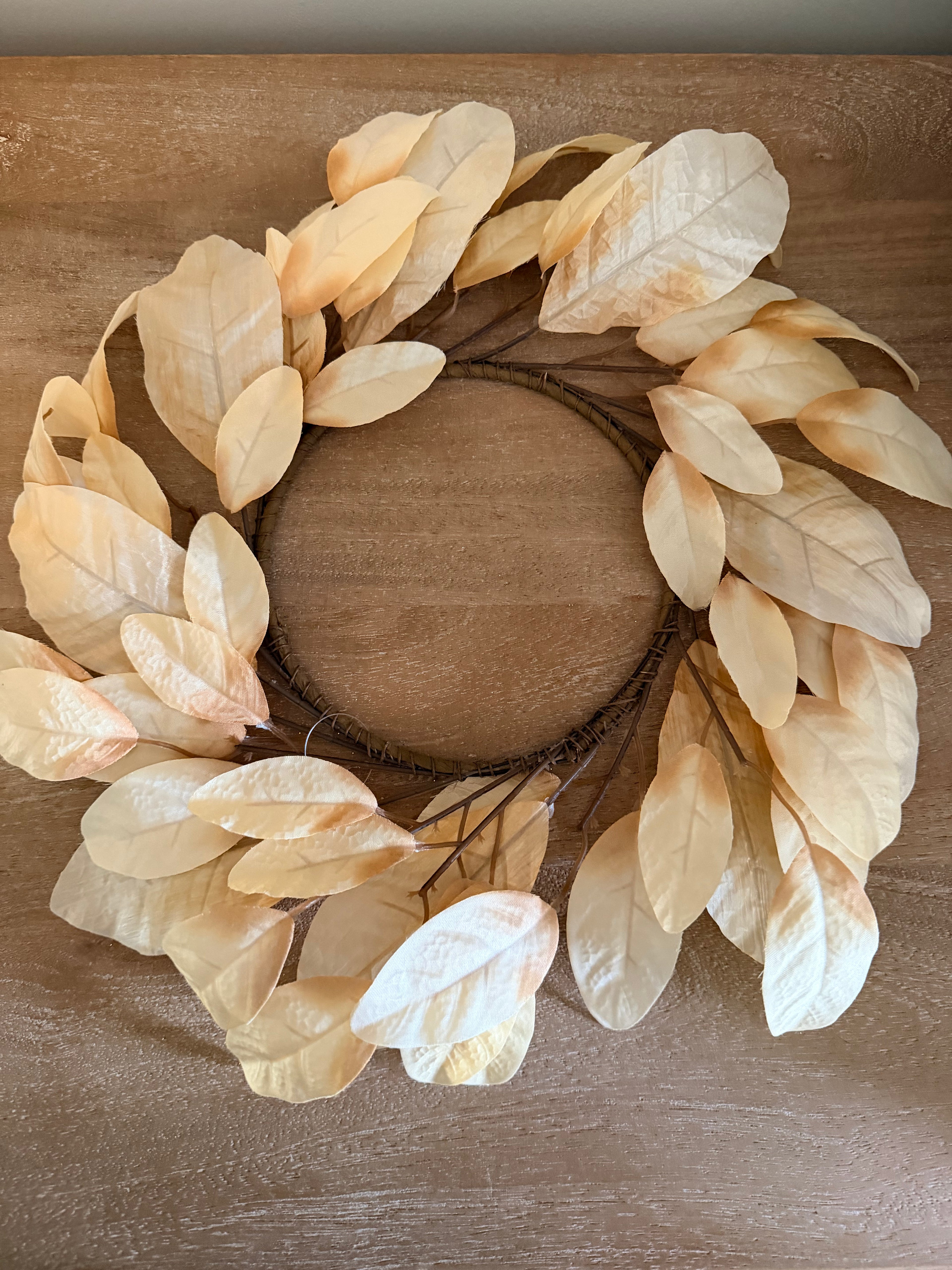 Cream Magnolia Leaf 16” Candle Ring Wreath Centerpiece Neutral Farmhouse Autumn Fall Home Decor