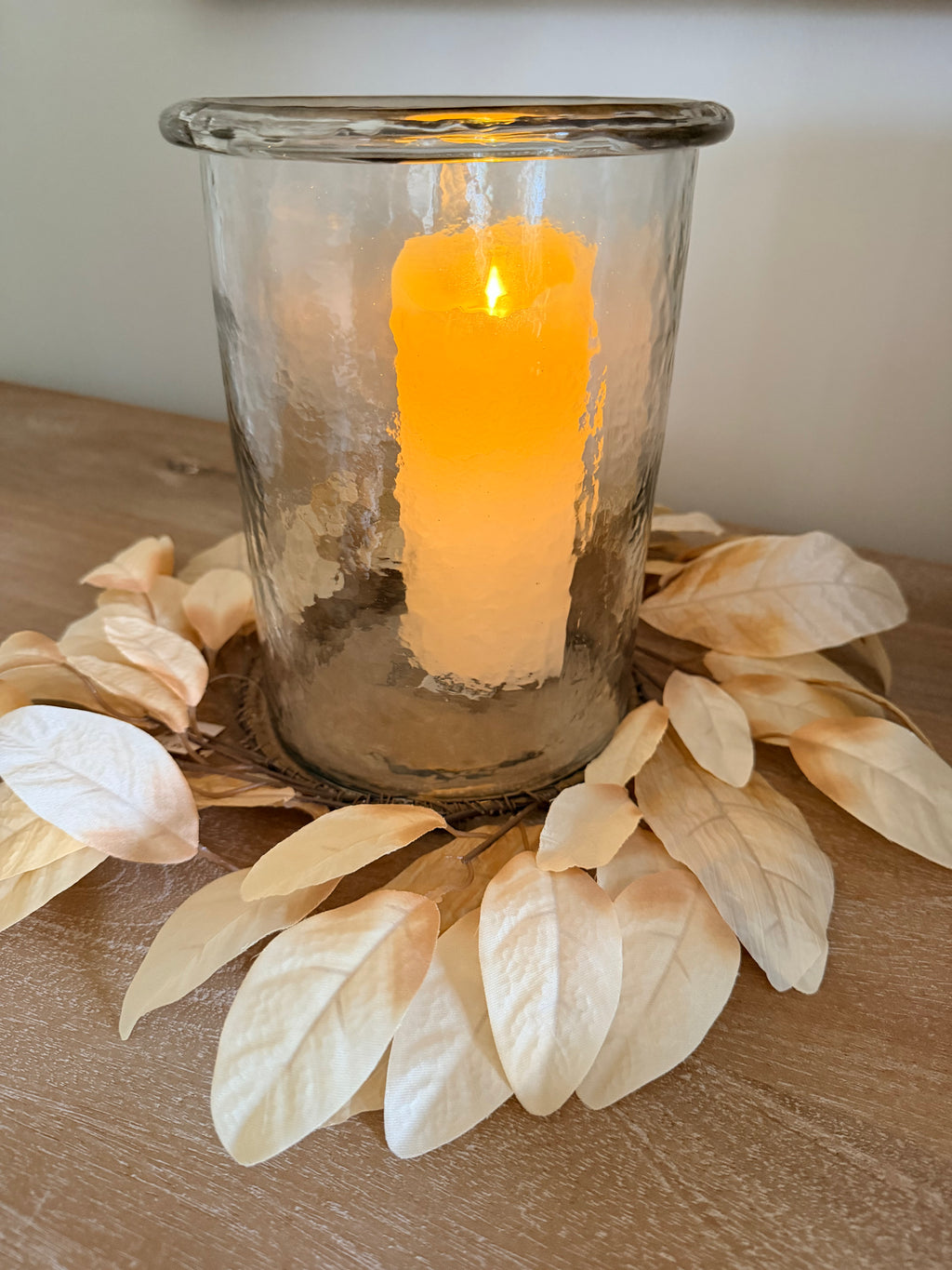 Cream Magnolia Leaf 16” Candle Ring Wreath Centerpiece Neutral Farmhouse Autumn Fall Home Decor