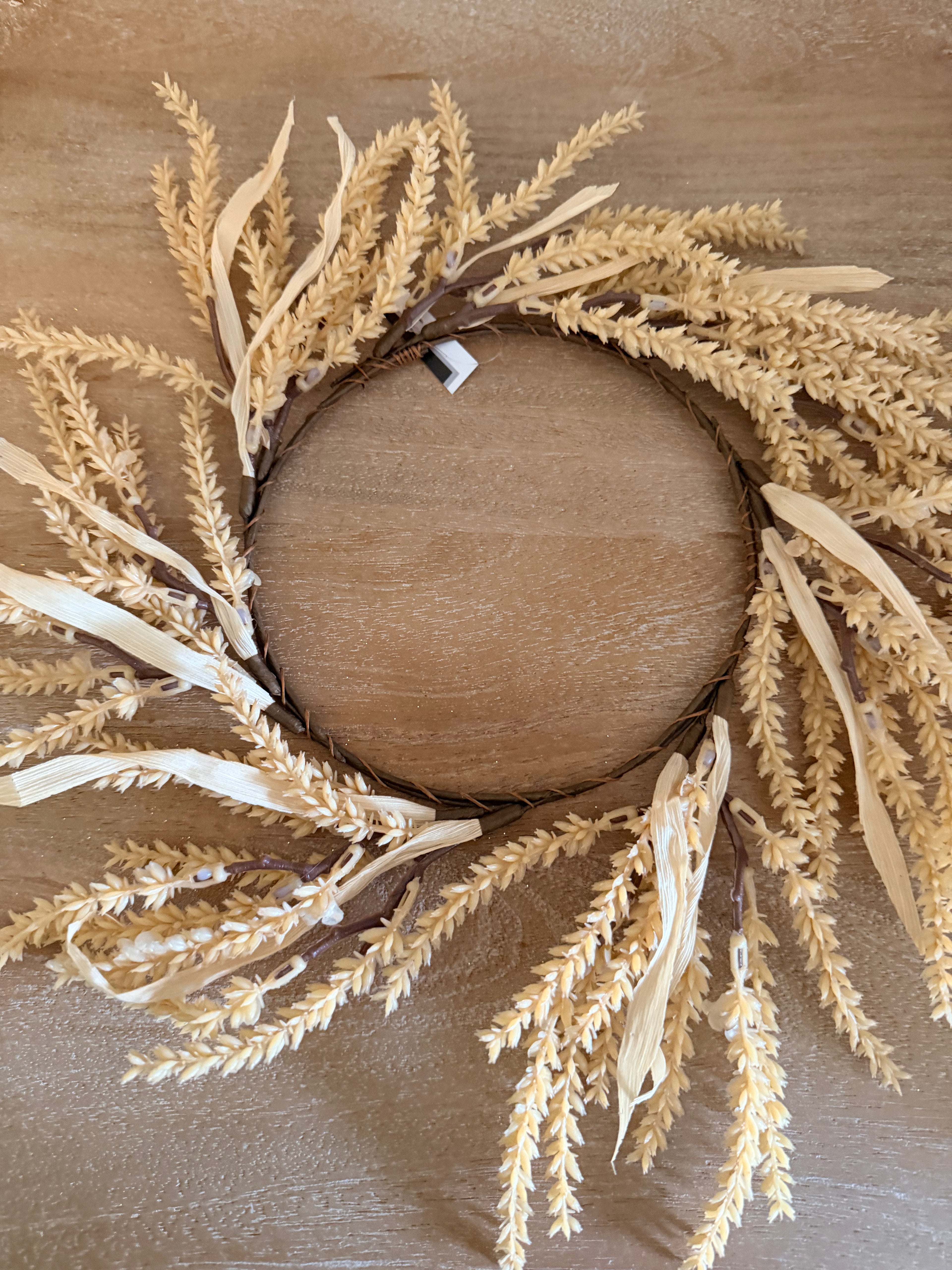 Golden Wheat 14” Candle Ring Dried Grass Wreath Tabletop Decor Farmhouse Neutral