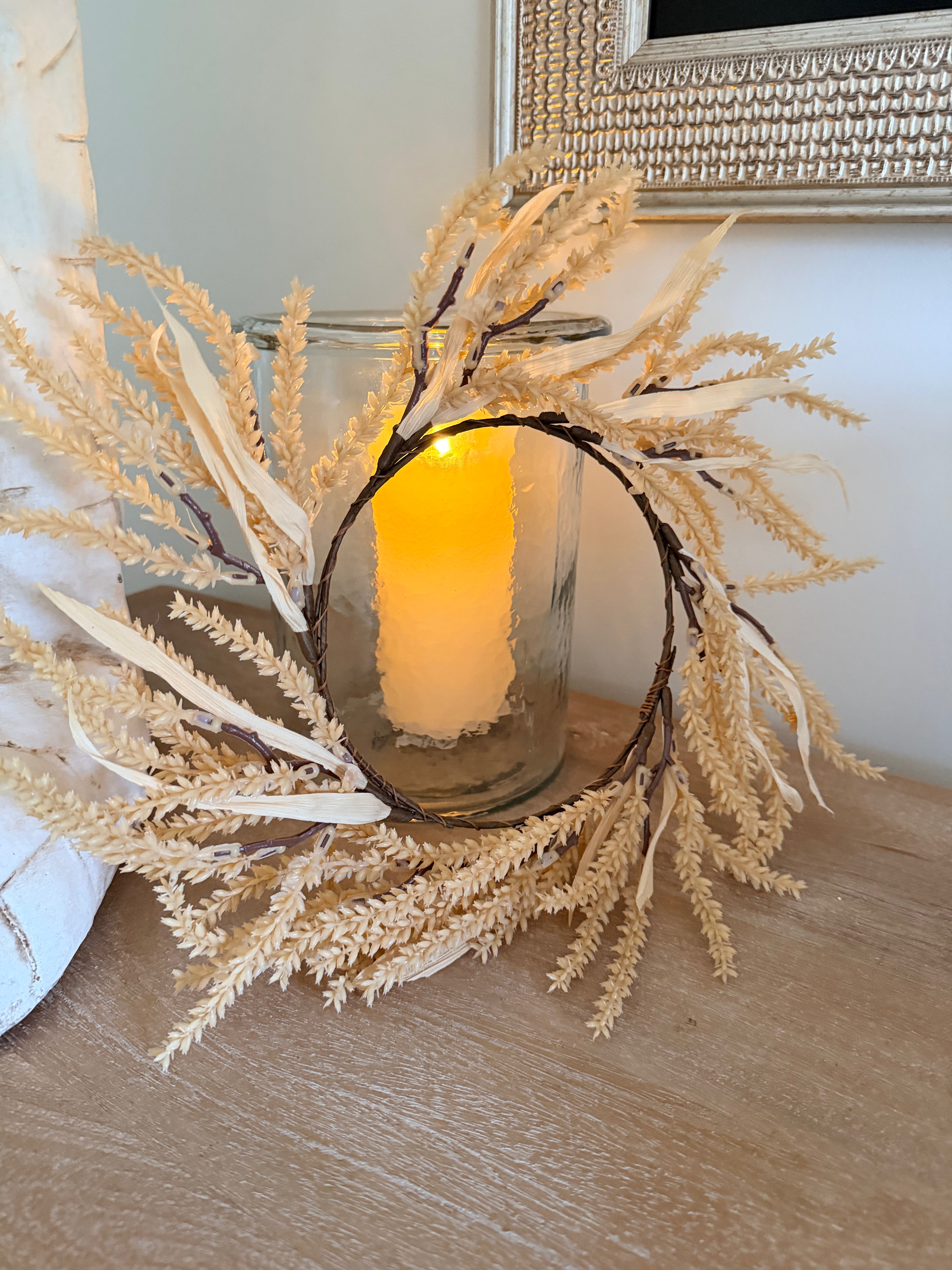 Golden Wheat 14” Candle Ring Dried Grass Wreath Tabletop Decor Farmhouse Neutral