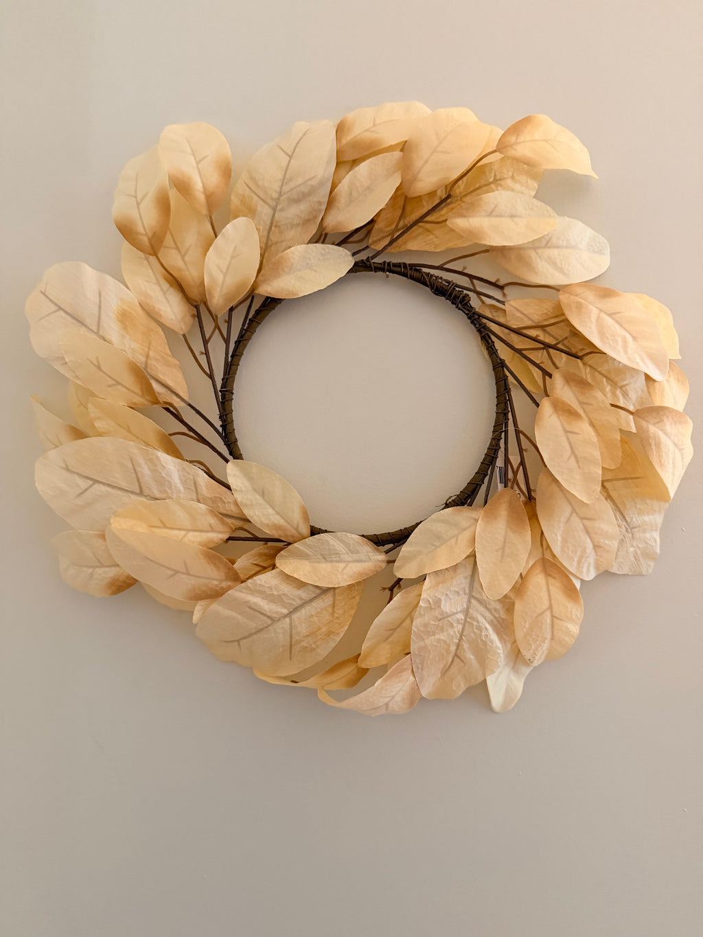 Cream Magnolia Leaf 16” Candle Ring Wreath Centerpiece Neutral Farmhouse Autumn Fall Home Decor
