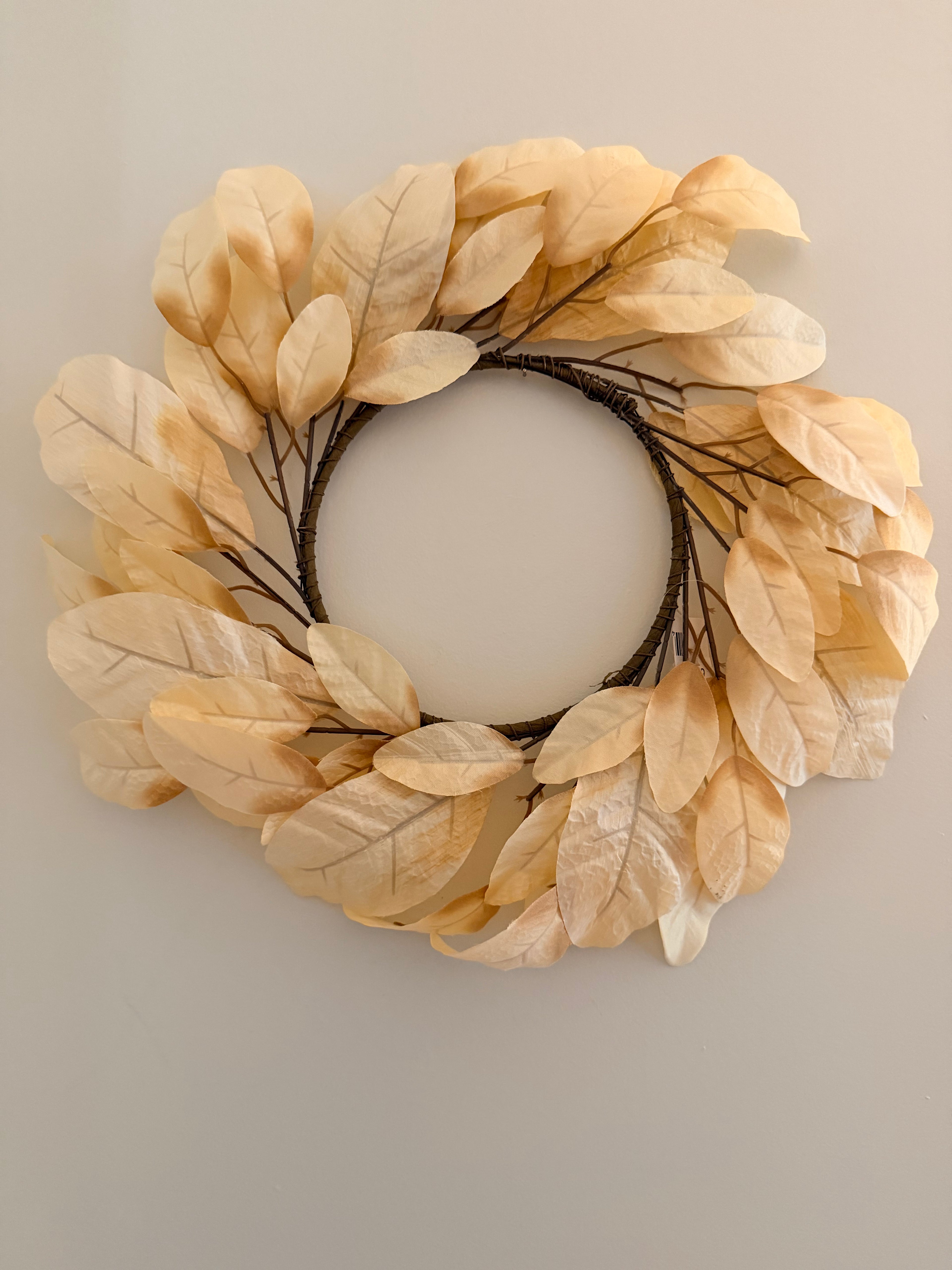 Cream Magnolia Leaf 16” Candle Ring Wreath Centerpiece Neutral Farmhouse Autumn Fall Home Decor