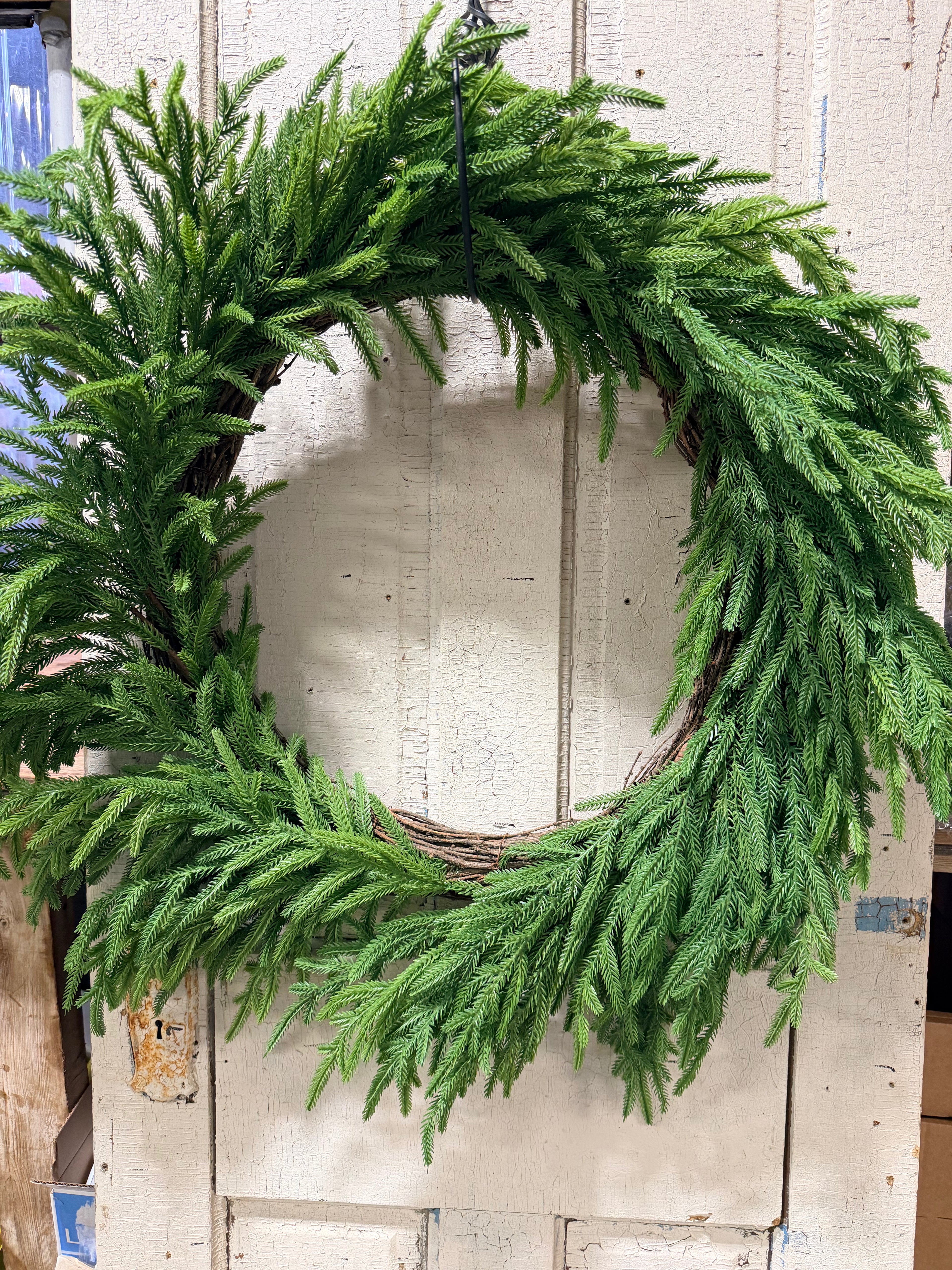 Norfolk Pine 30” Faux Greenery Wreath Farmhouse Christmas Holiday On 20” Grapevine Base