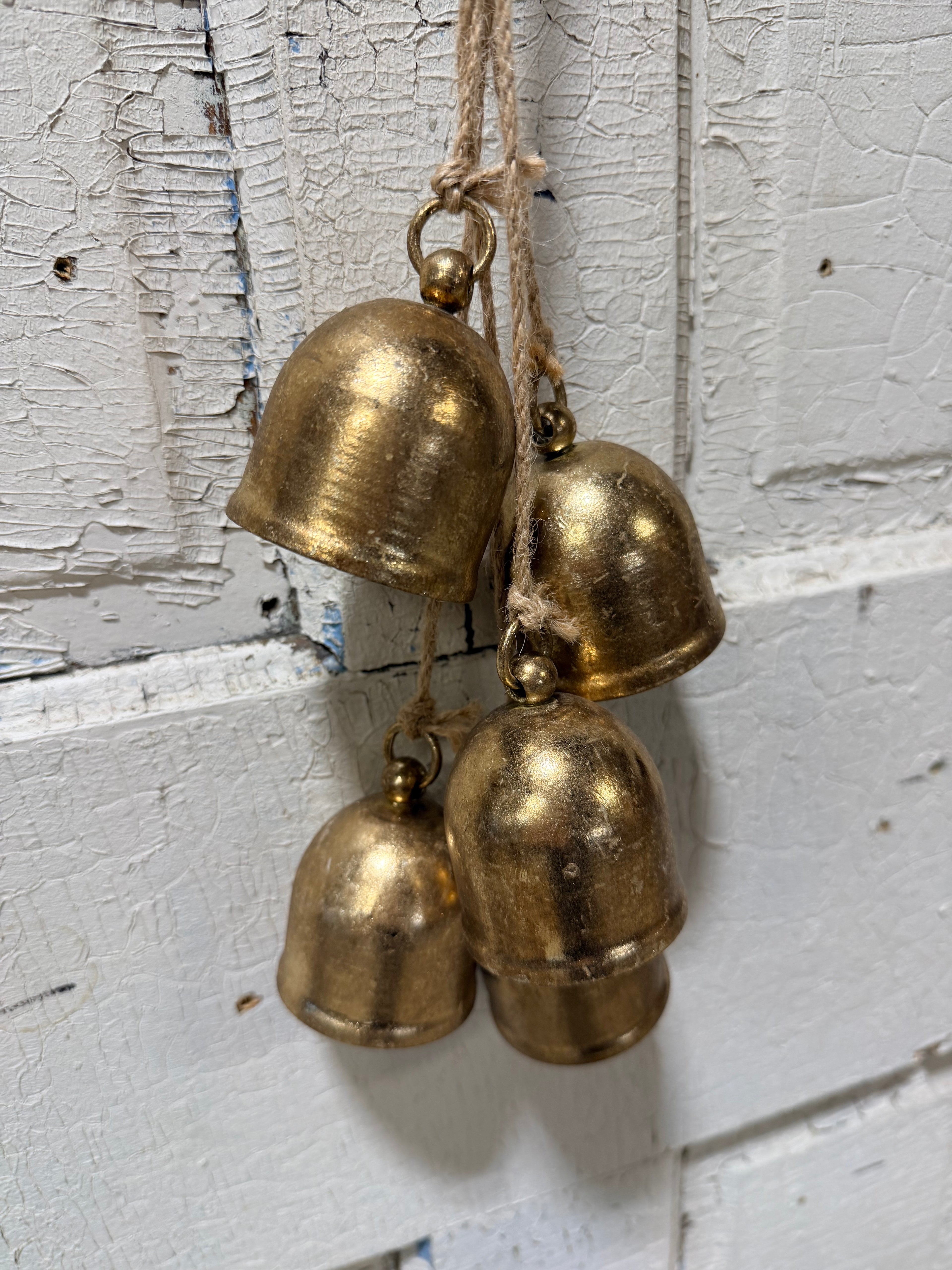 Gold Antique Style Dasher Christmas Bells On Burlap Rope Holiday