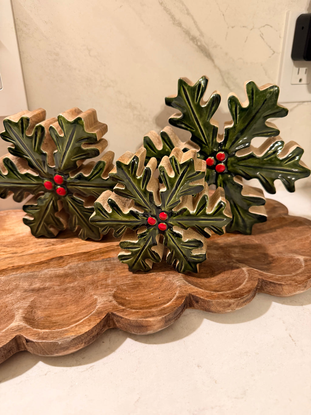 4.5” Glazed Mango Wood Holly Snowflake Red & Green Christmas Decor