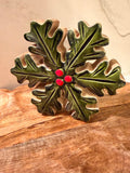 6” Glazed Mango Wood Holly Snowflake Green & Red Christmas Holiday Tabletop Decor