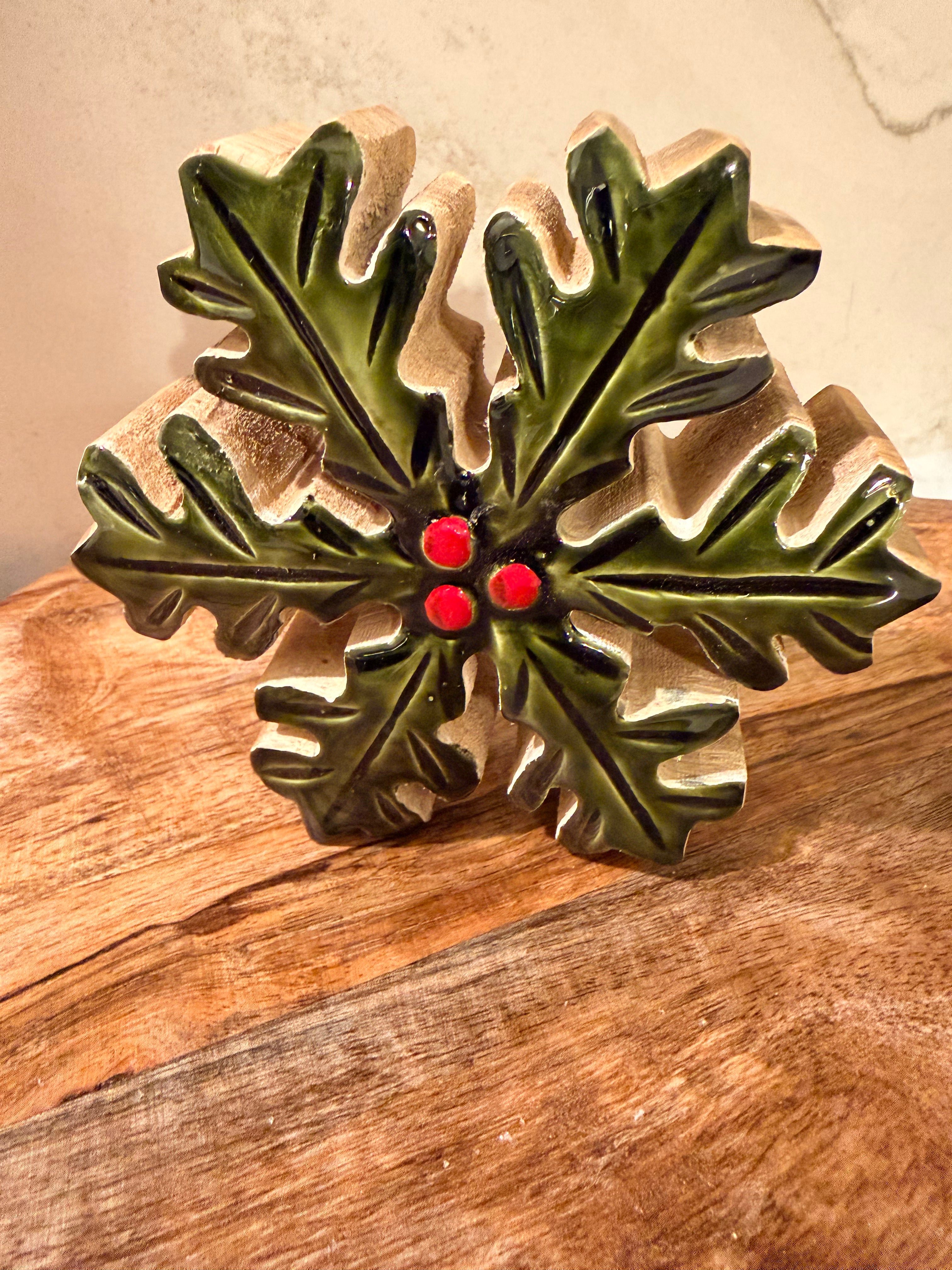 4.5” Glazed Mango Wood Holly Snowflake Red & Green Christmas Decor