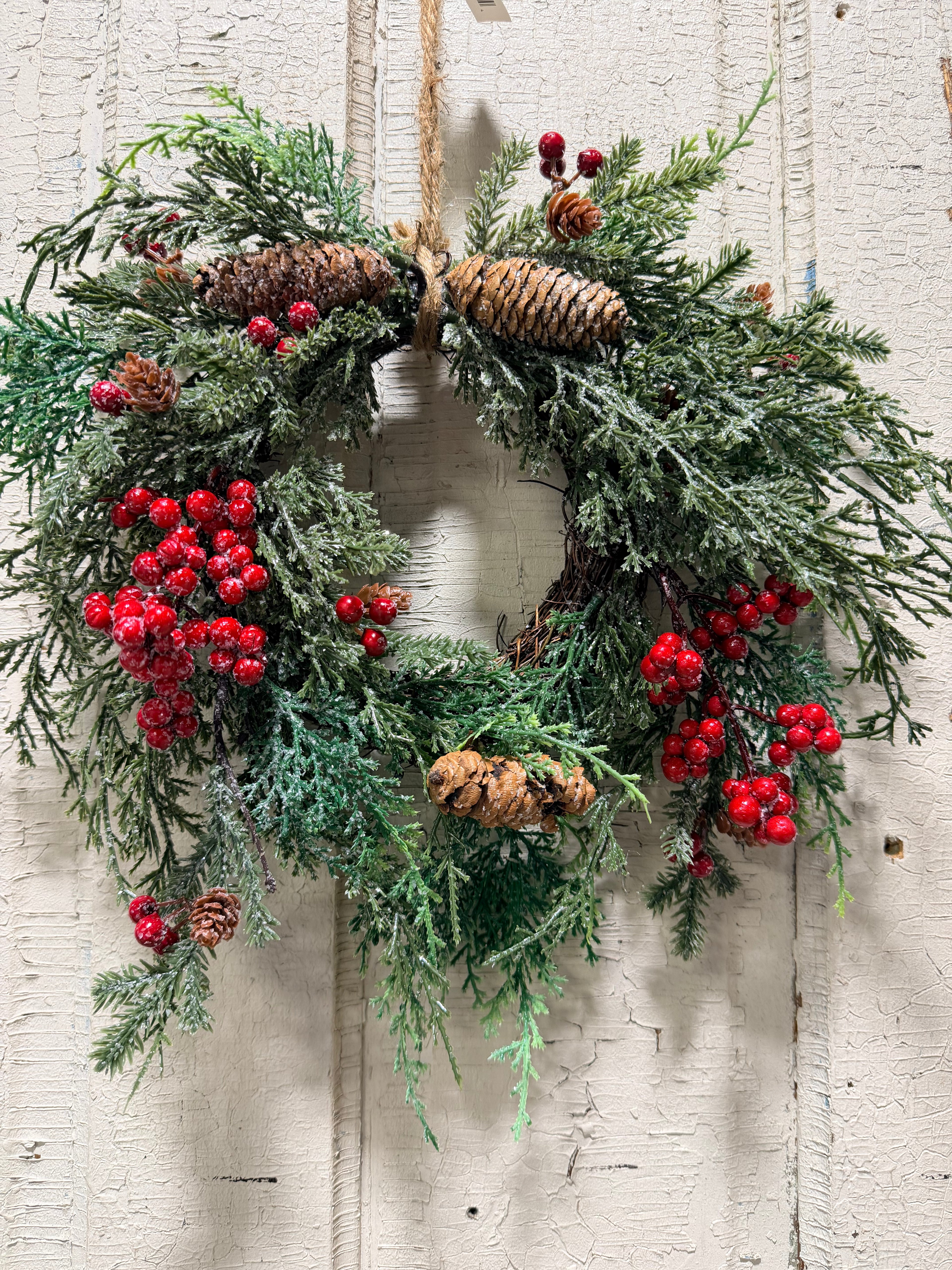 14” Berry Christmas Wreath Frosted Cedar & Pinecones Holiday Farmhouse