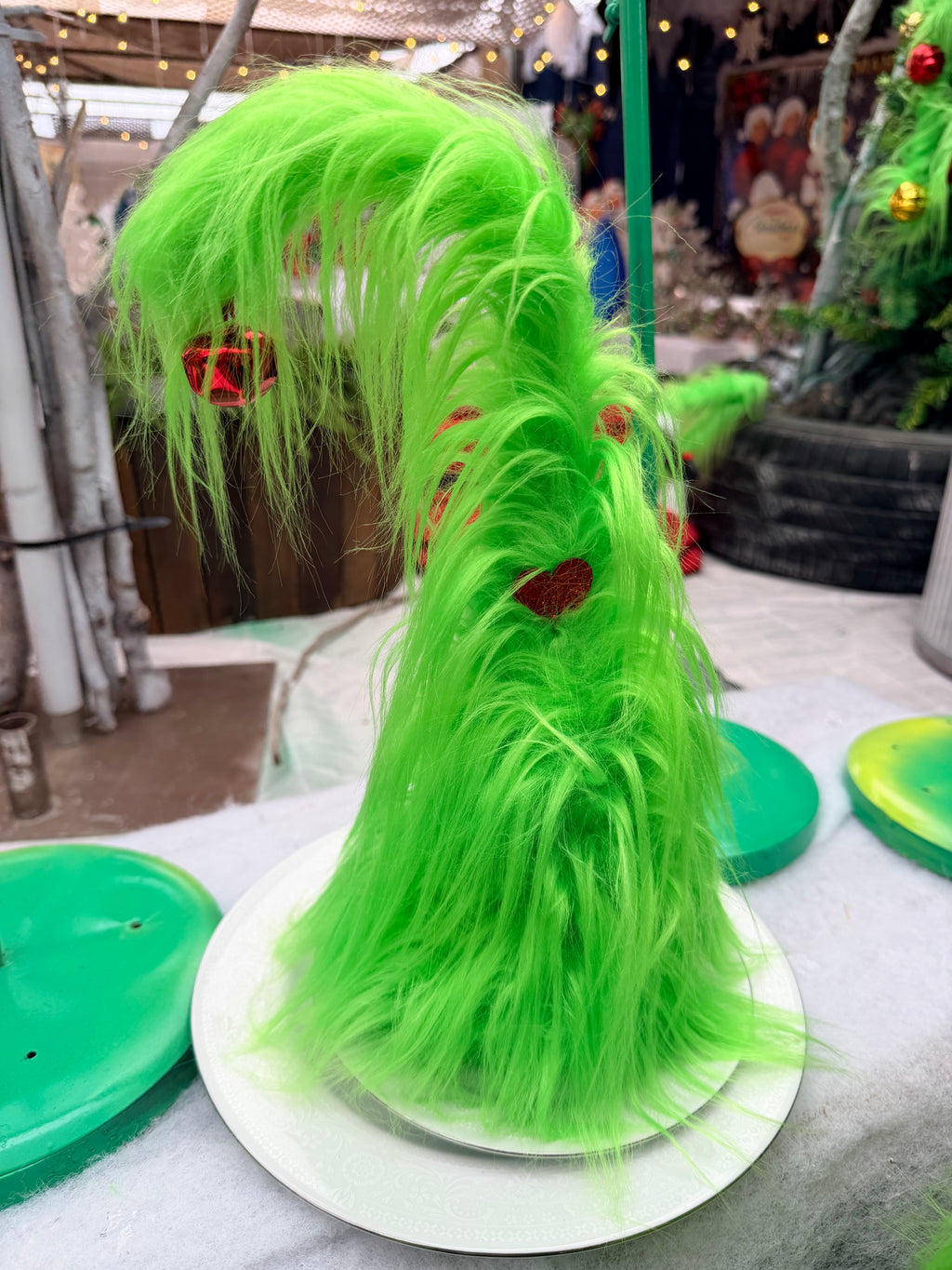 Whimsical Lime Green Furry Christmas Trees Set of Two Shaggy Tabletop Decor Whimsical