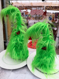 Whimsical Lime Green Furry Christmas Trees Set of Two Shaggy Tabletop Decor Whimsical