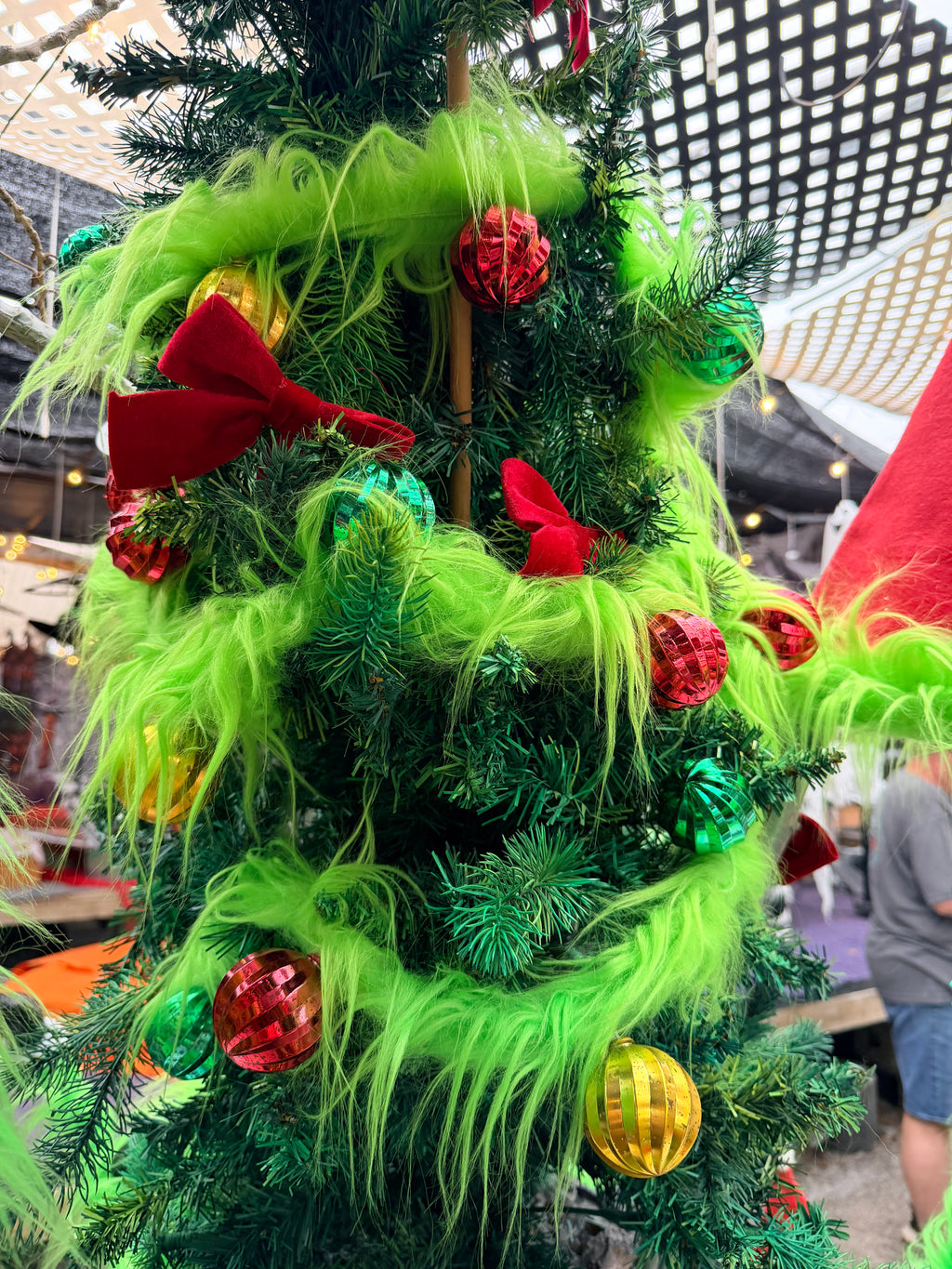 Whimsical Lime Green Furry Christmas Garland With Lights & Ornaments 105” Long Battery Operated