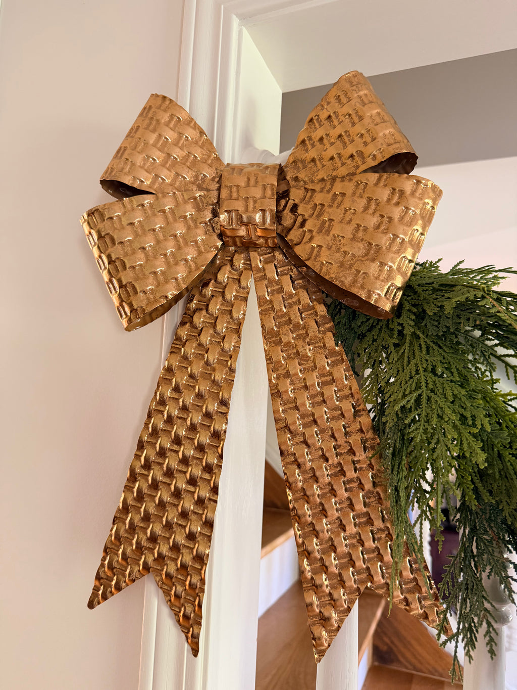 19” Gold Hammered Metal Texture Large Bow Christmas Door Accent Holiday