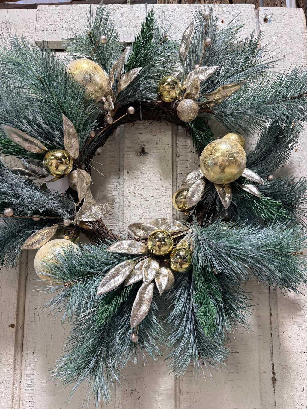 Gold Ornament & Frosted Pine 27” Christmas Wreath Holiday Front Door