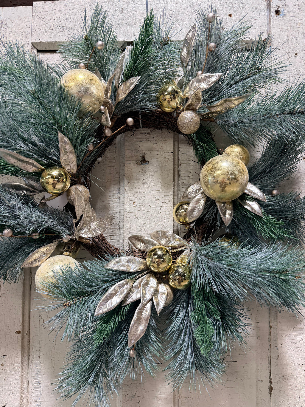 Gold Ornament & Frosted Pine 27” Christmas Wreath Holiday Front Door