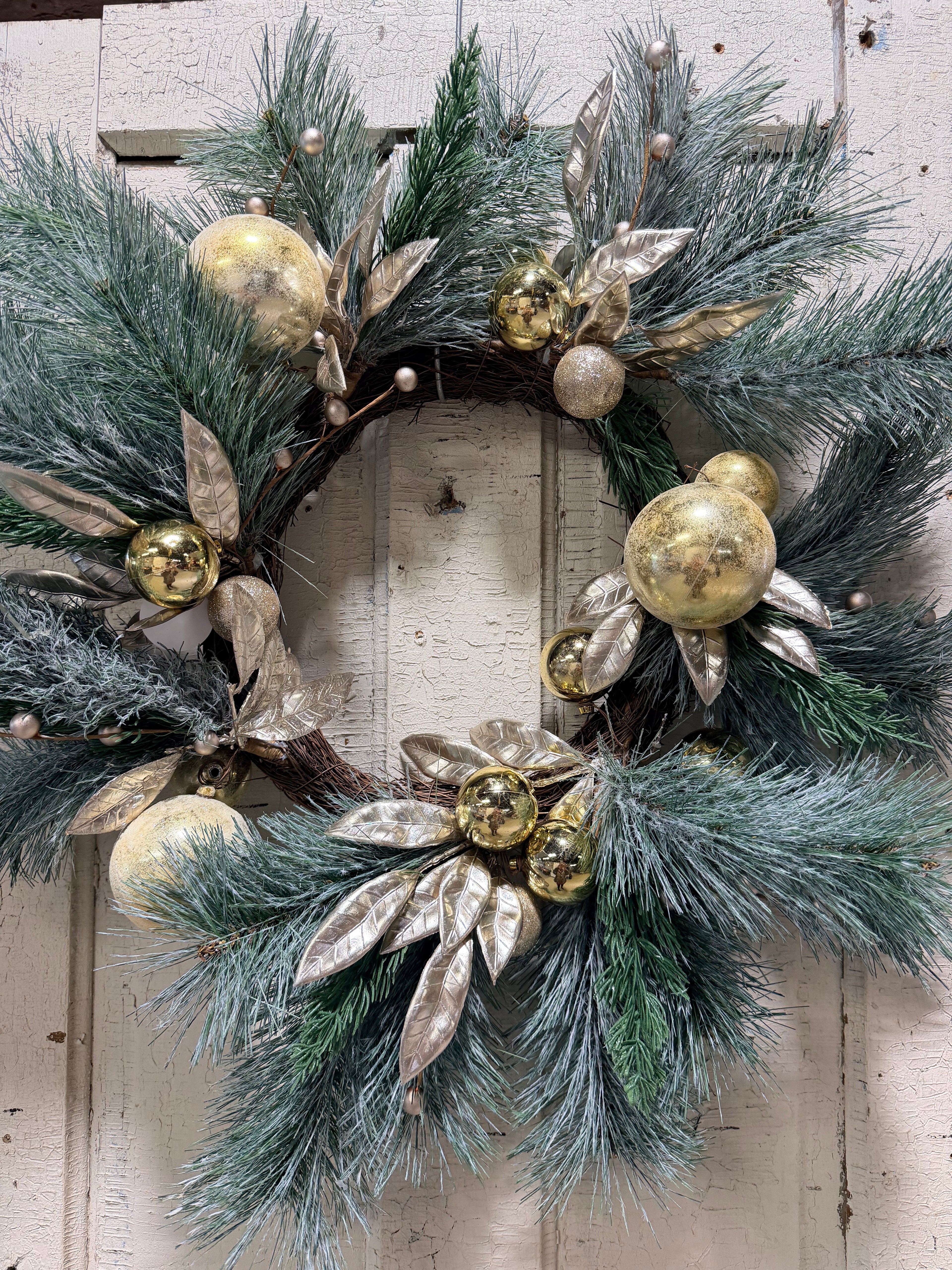 Gold Ornament & Frosted Pine 27” Christmas Wreath Holiday Front Door