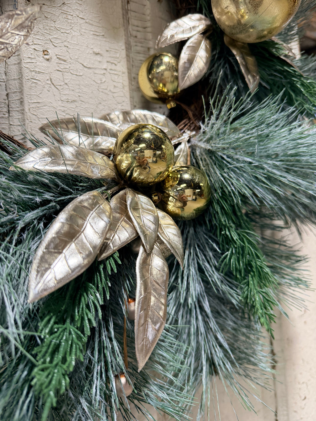 Gold Ornament & Frosted Pine 27” Christmas Wreath Holiday Front Door