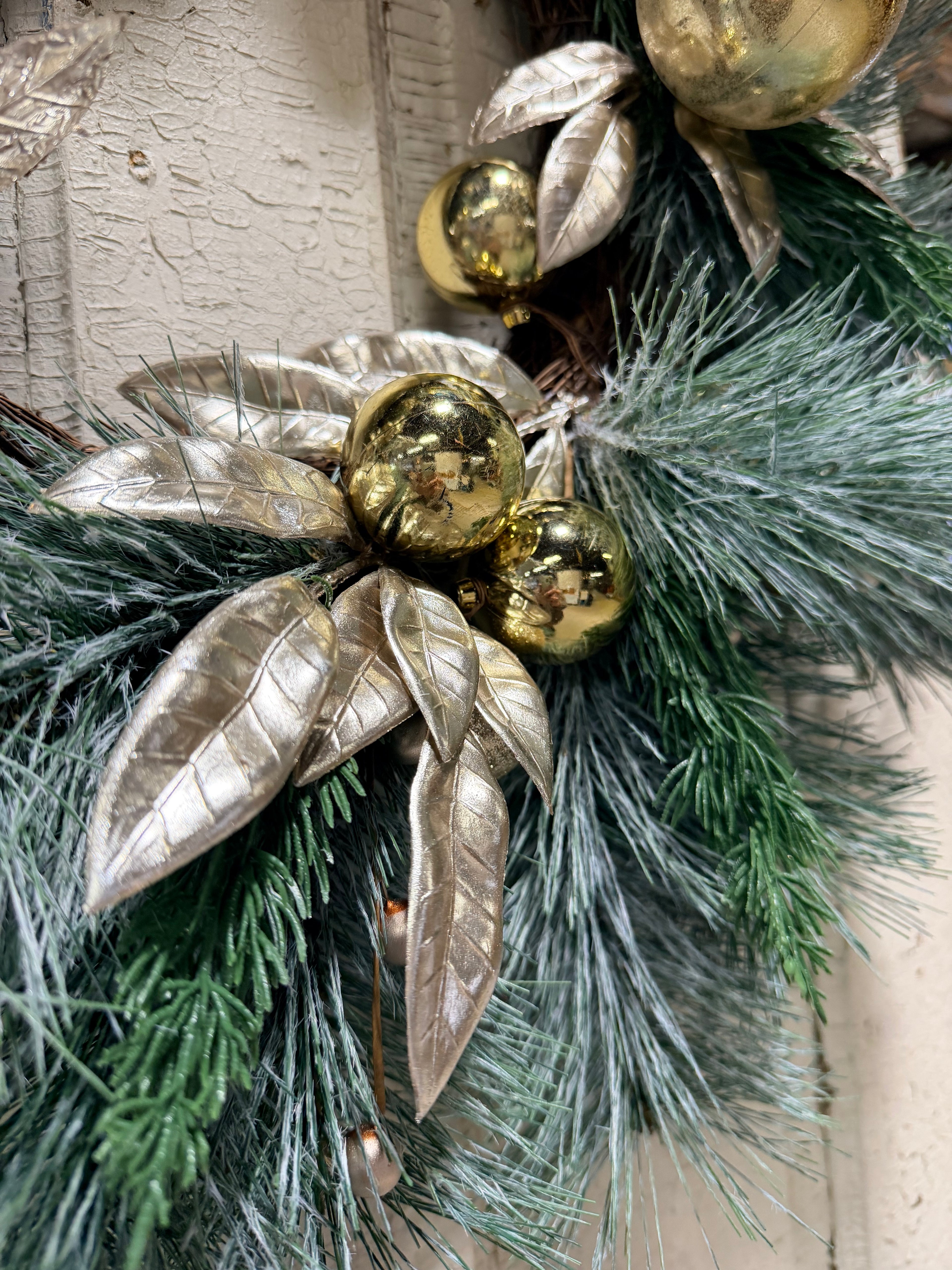 Gold Ornament & Frosted Pine 27” Christmas Wreath Holiday Front Door