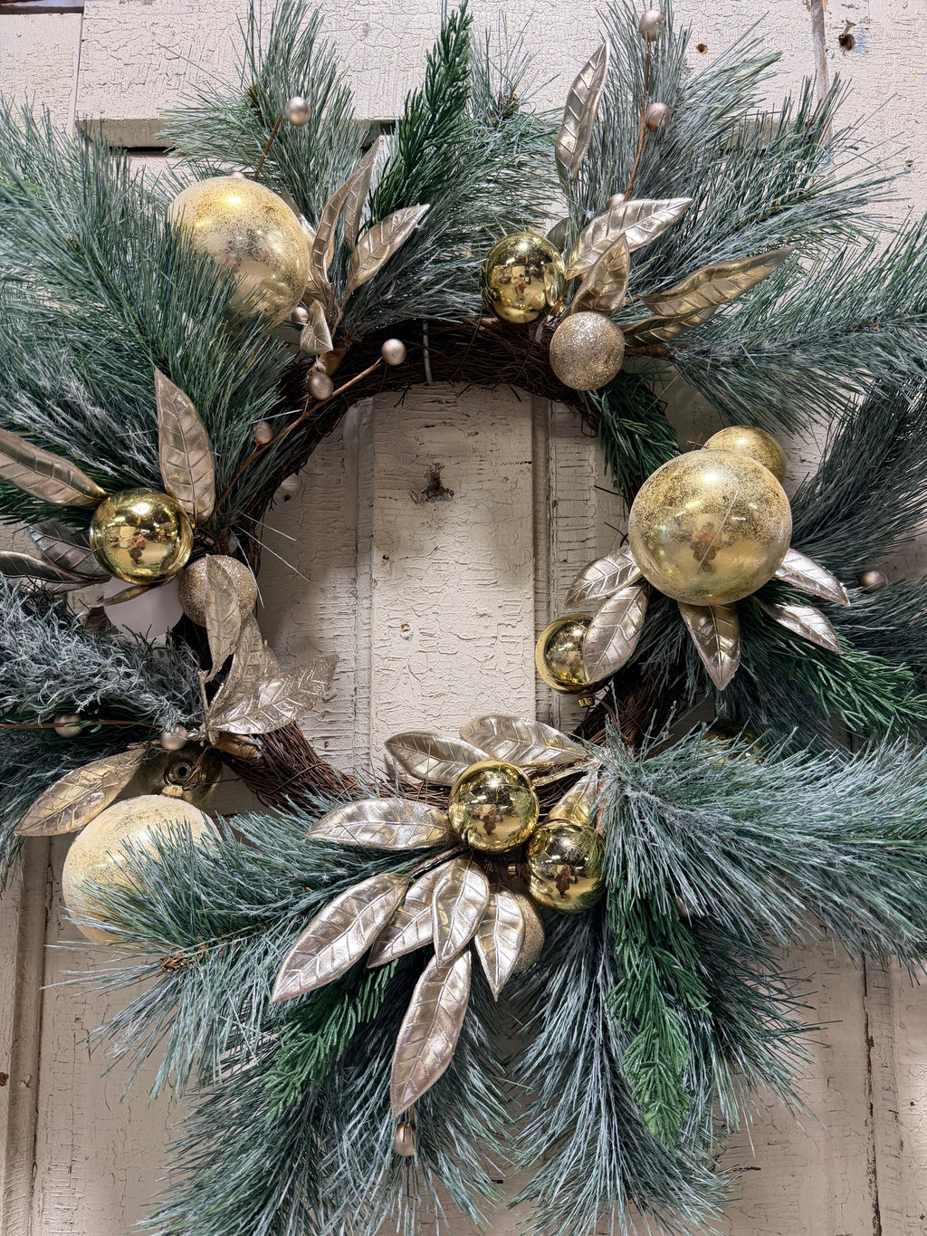 Gold Ornament & Frosted Pine 27” Christmas Wreath Holiday Front Door