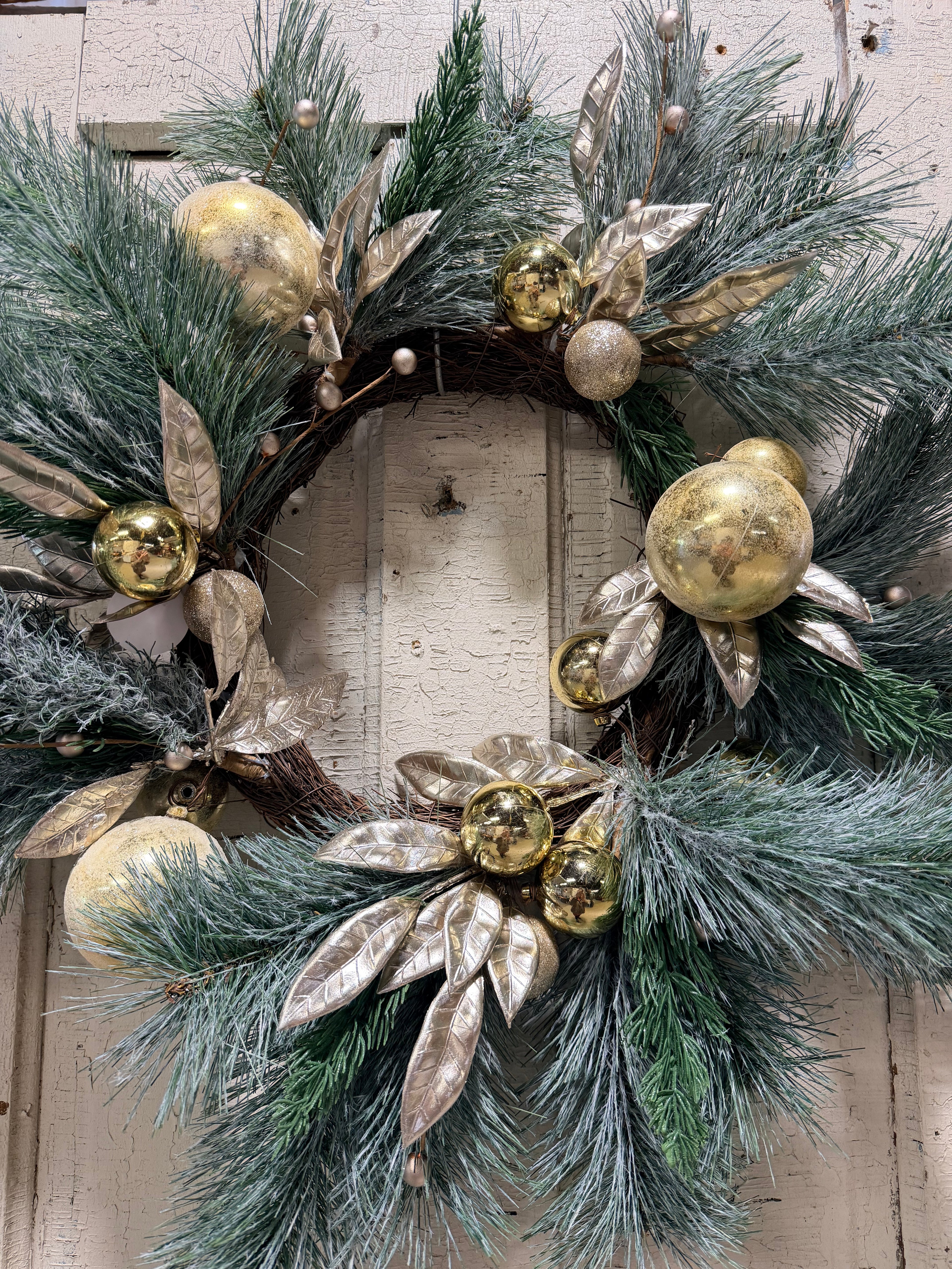 Gold Ornament & Frosted Pine 27” Christmas Wreath Holiday Front Door