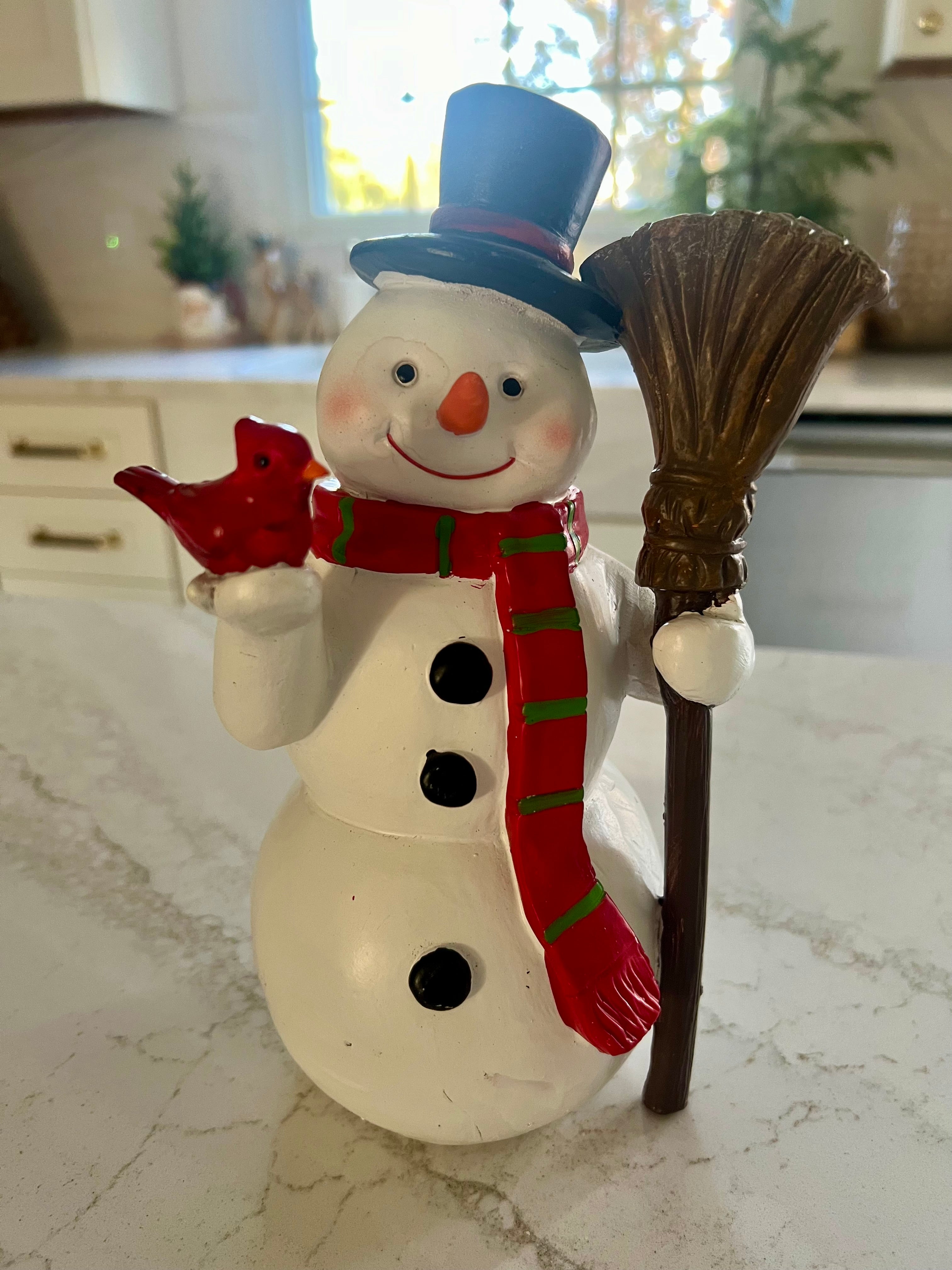 9” White Resin Snowman Holding Cardinal Figure