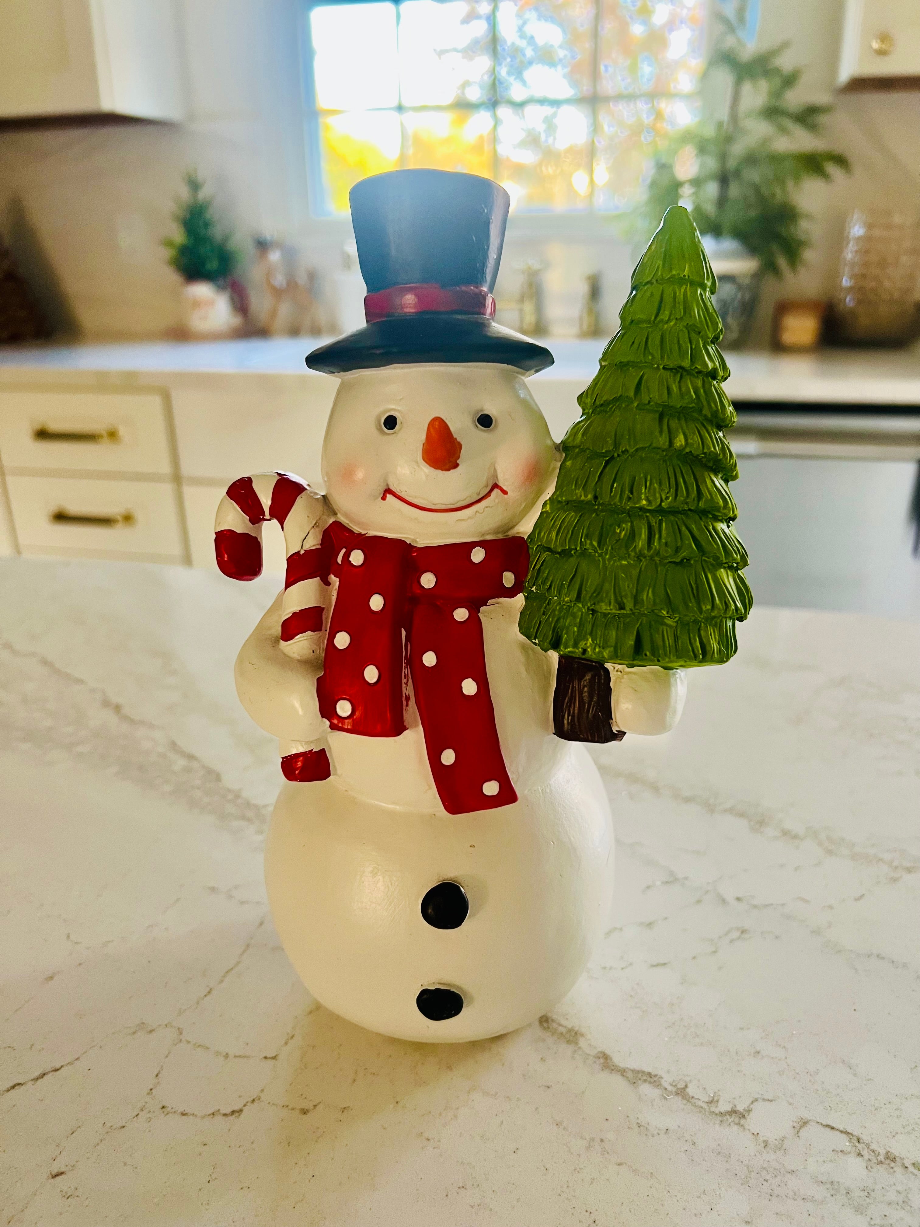 9.5” White Snowman Holding Christmas Tree Figure