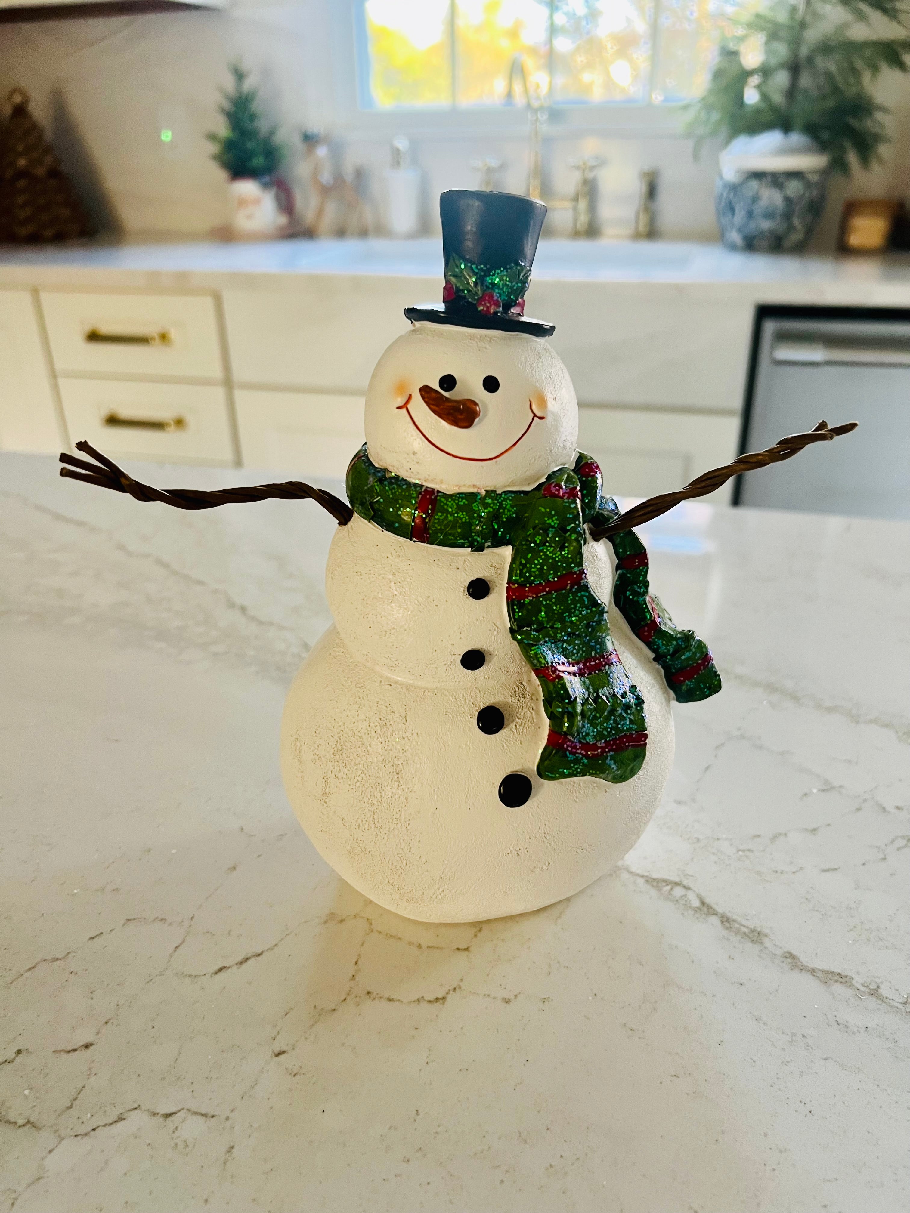 8” White Resin Snowman Wearing Scarf Figure