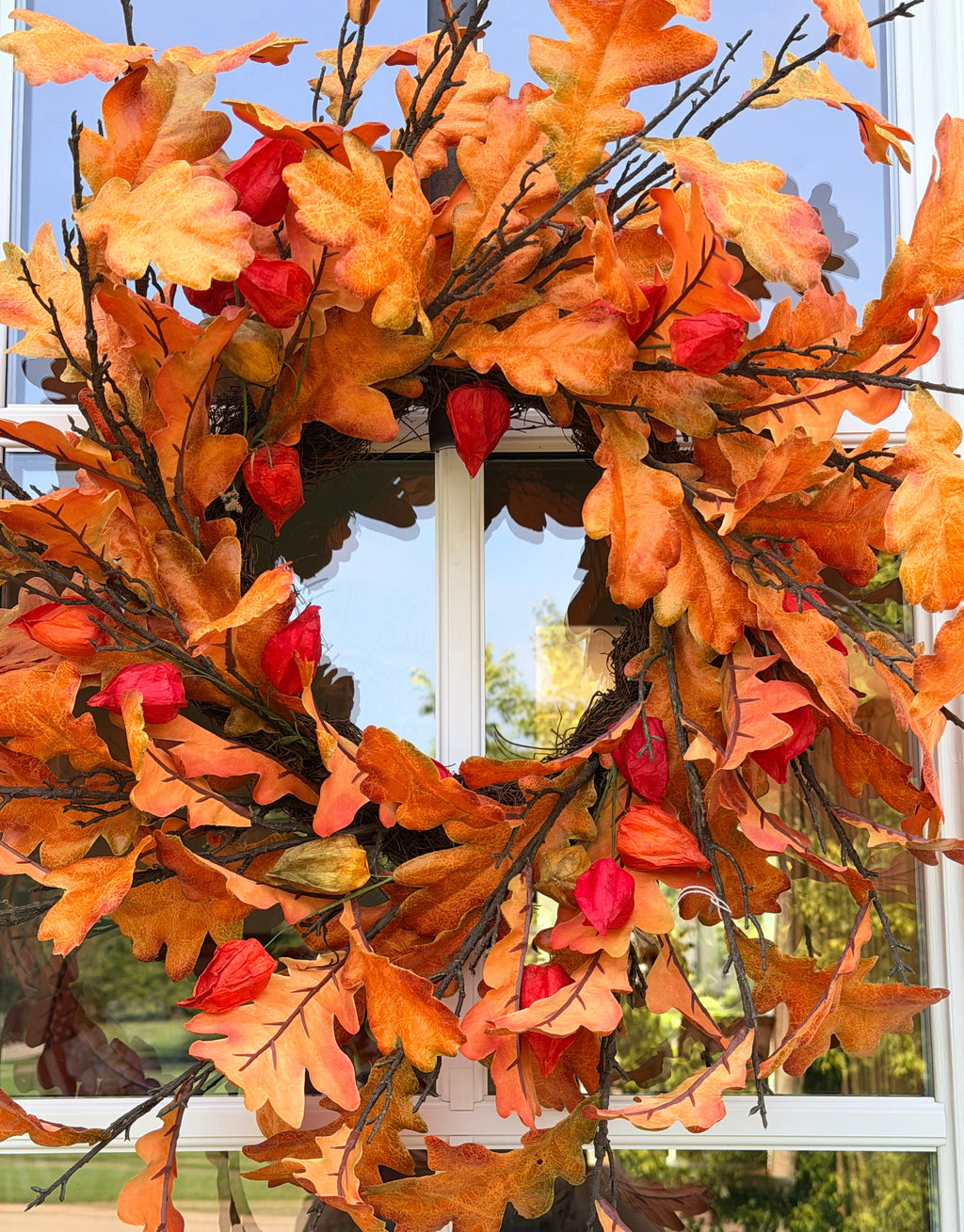 Oak Leaf & Lantern Bud 30” Fall Autumn Faux Wreath Harvest Door Decor