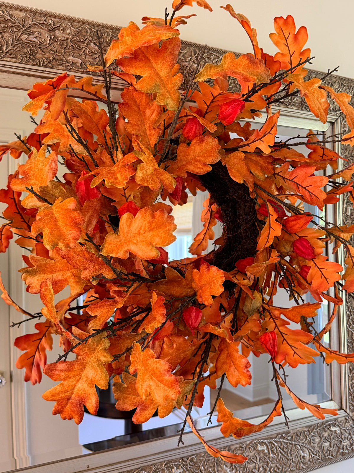 Oak Leaf & Lantern Bud 30” Fall Autumn Faux Wreath Harvest Door Decor