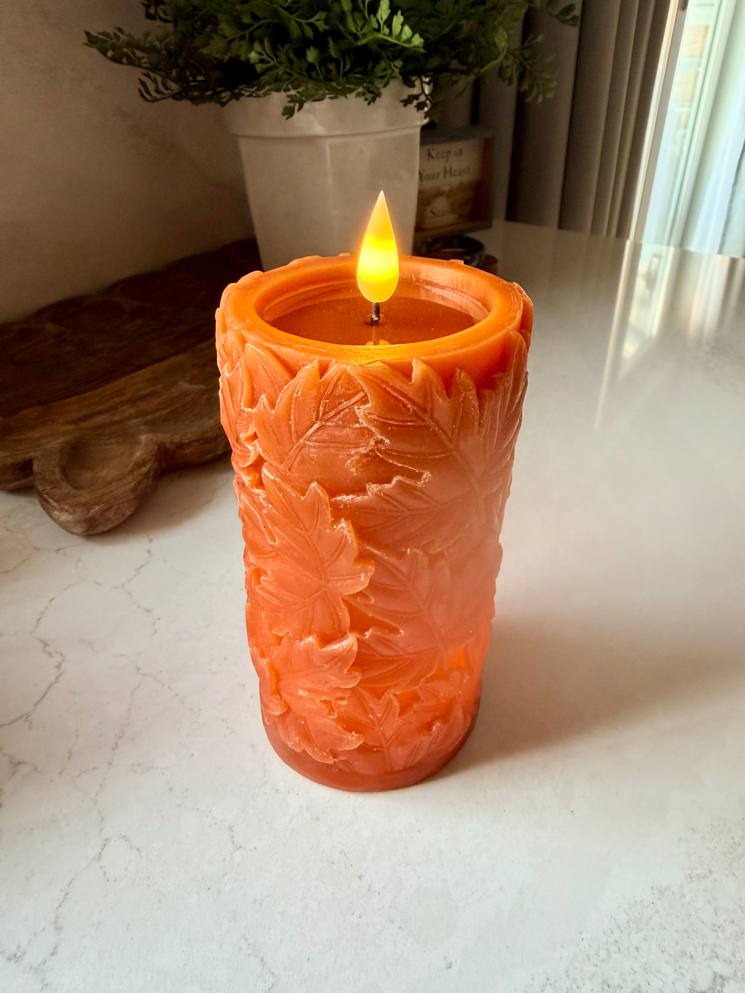 6” Orange LED Leaf Flameless Pillar Candle Fall Battery Operated