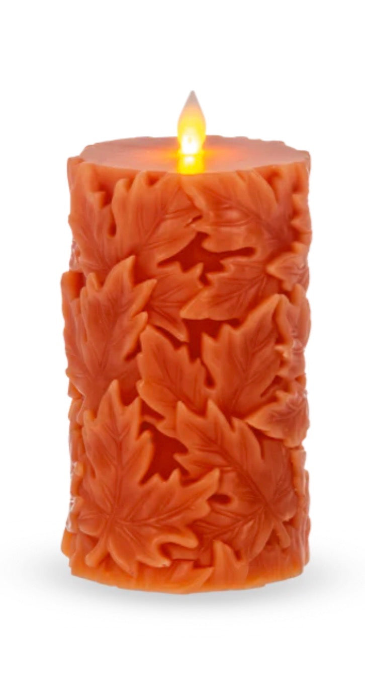 6” Orange LED Leaf Flameless Pillar Candle Fall Battery Operated
