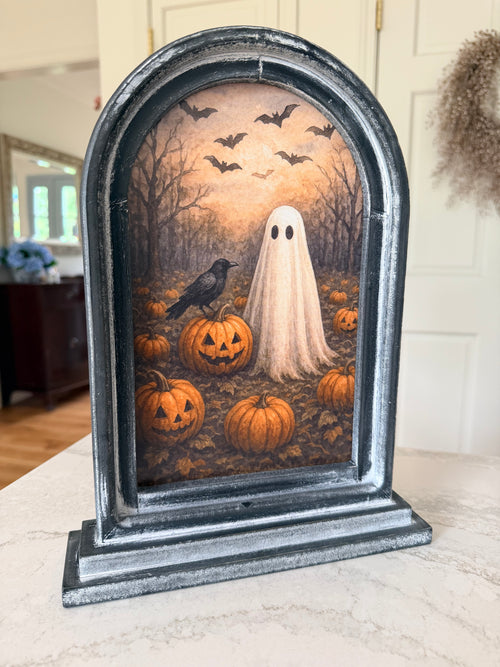 12.5" Arch Framed Ghost & Pumpkin Halloween Art – Seasonal Decor
