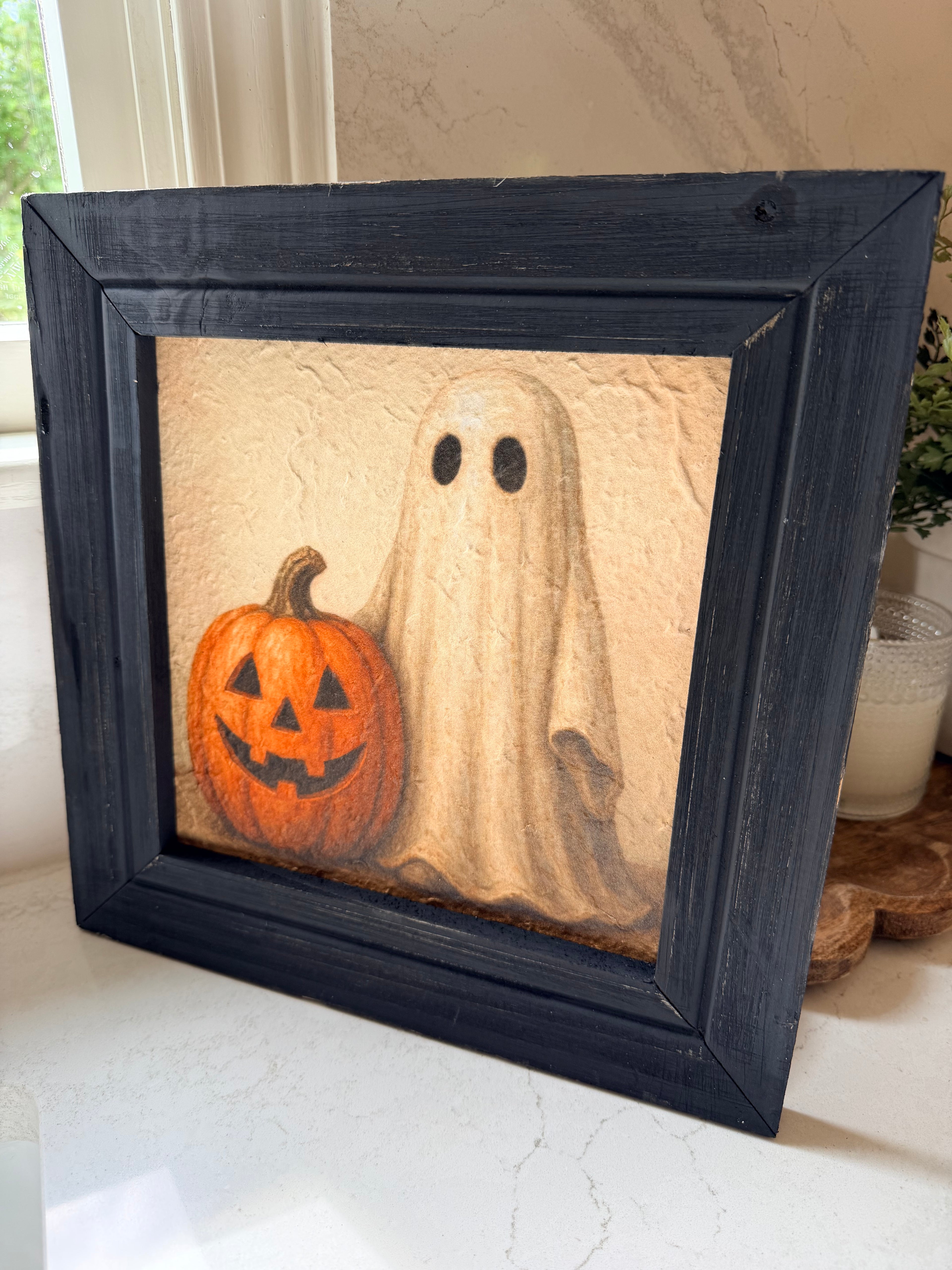 Whimsical Ghost Pumpkin Halloween Wood Framed Art, 12" x 12"