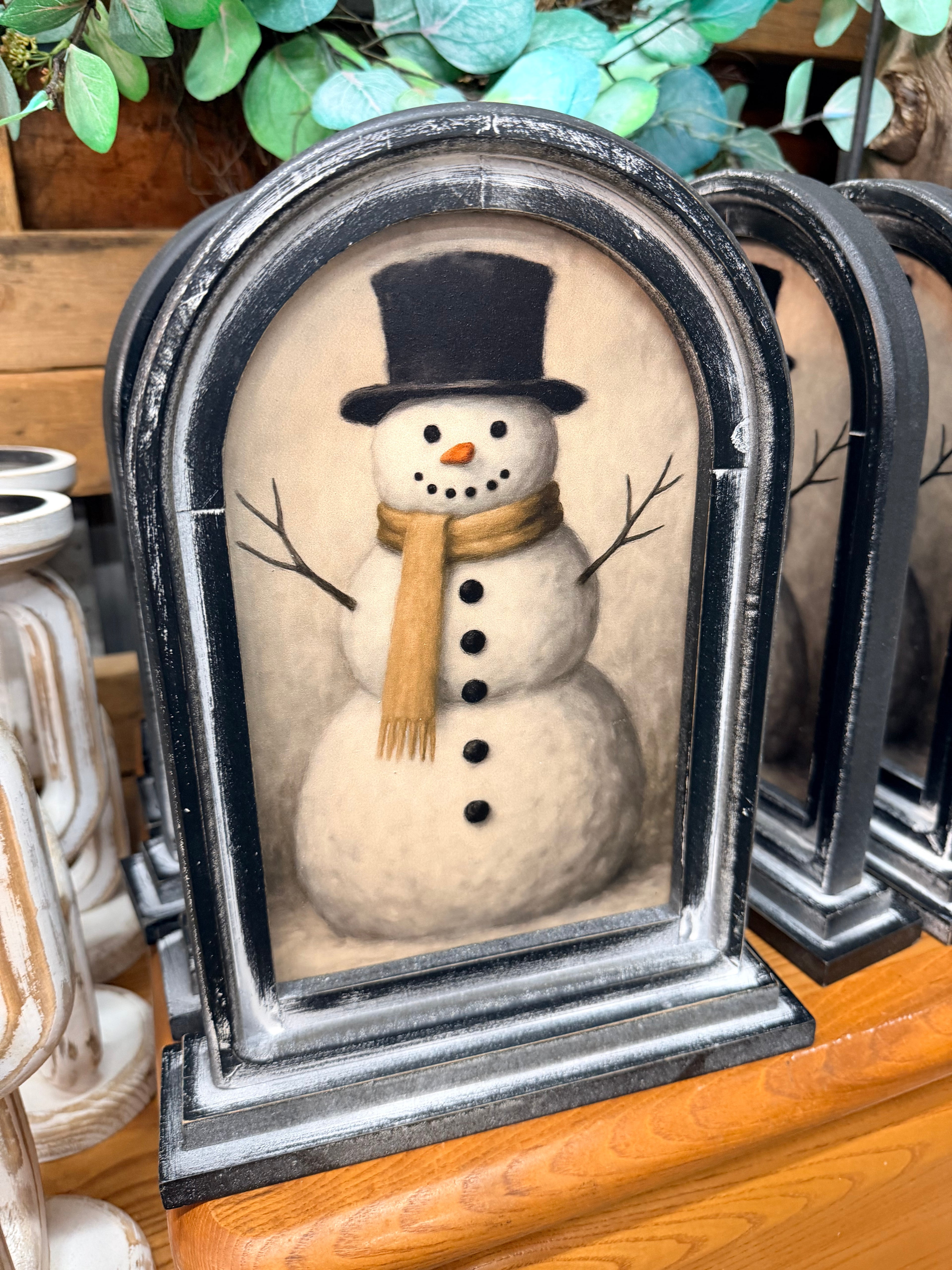 12.5" Arch Framed Snowman Christmas Winter Art – Seasonal Decor Vintage Style