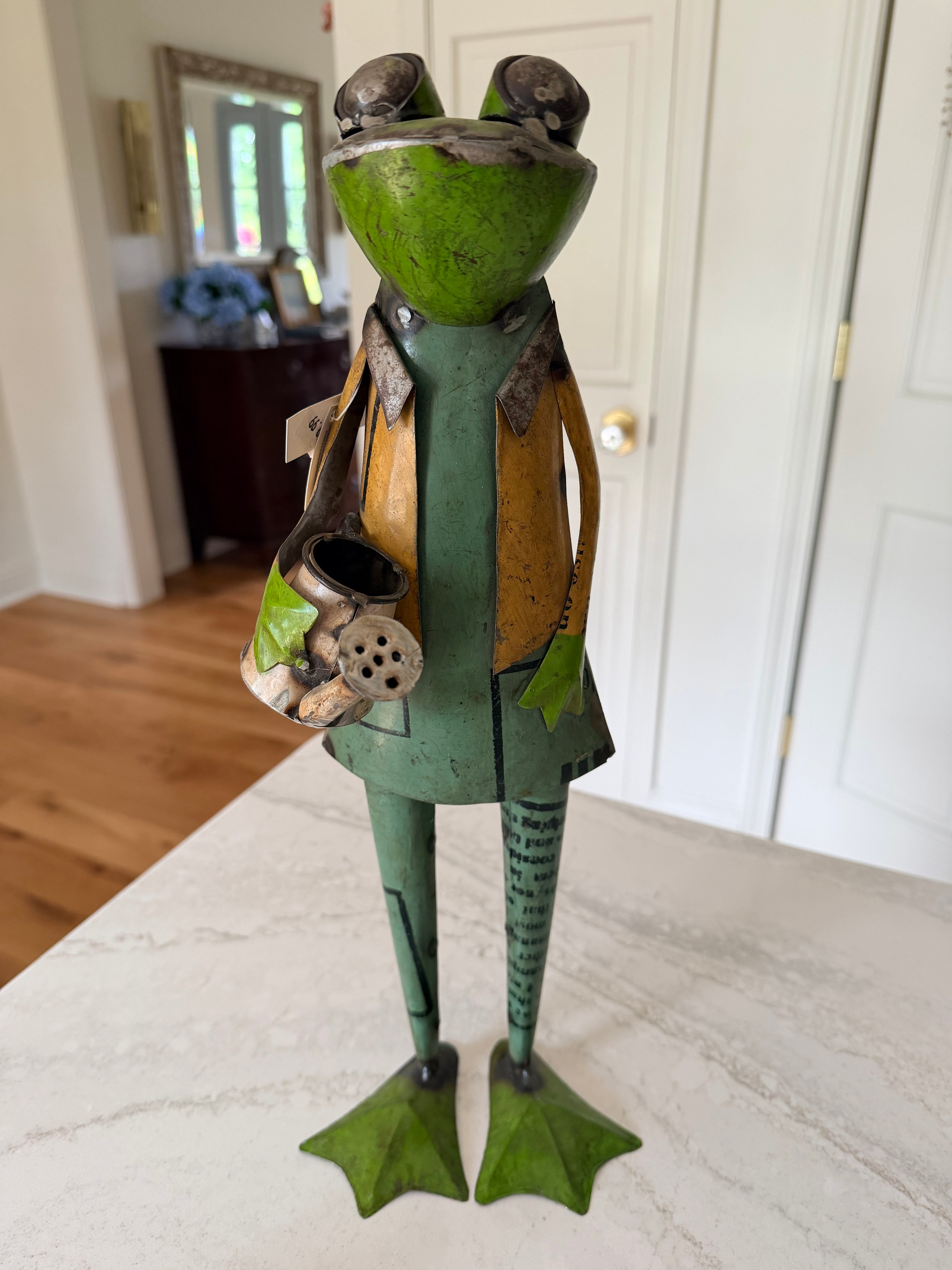 Whimsical Metal Standing Garden Frog 17” Tall Watering Can