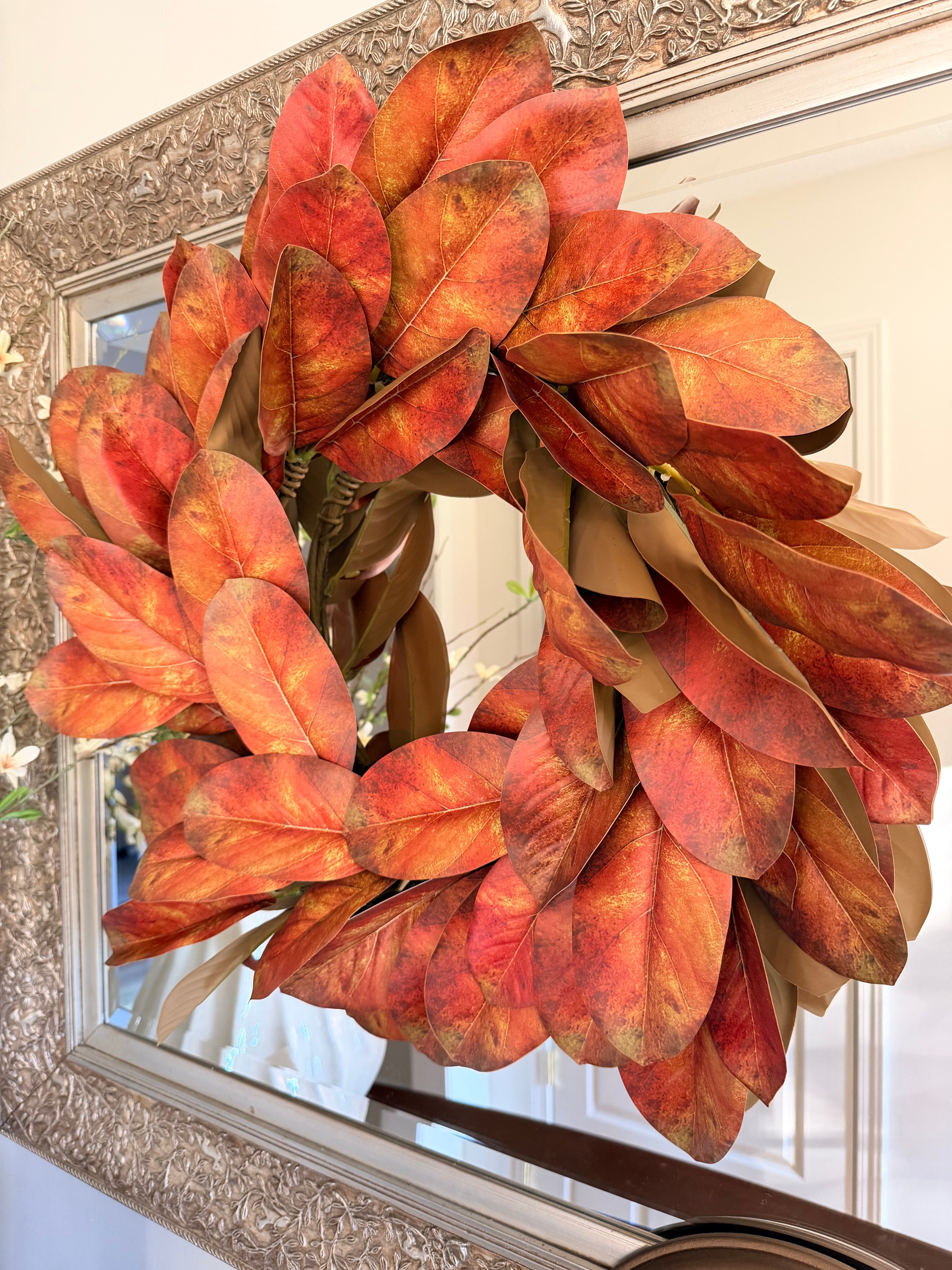 Rustling Fall Magnolia Wreath 24” Copper Faux Leaf Autumn Front Door