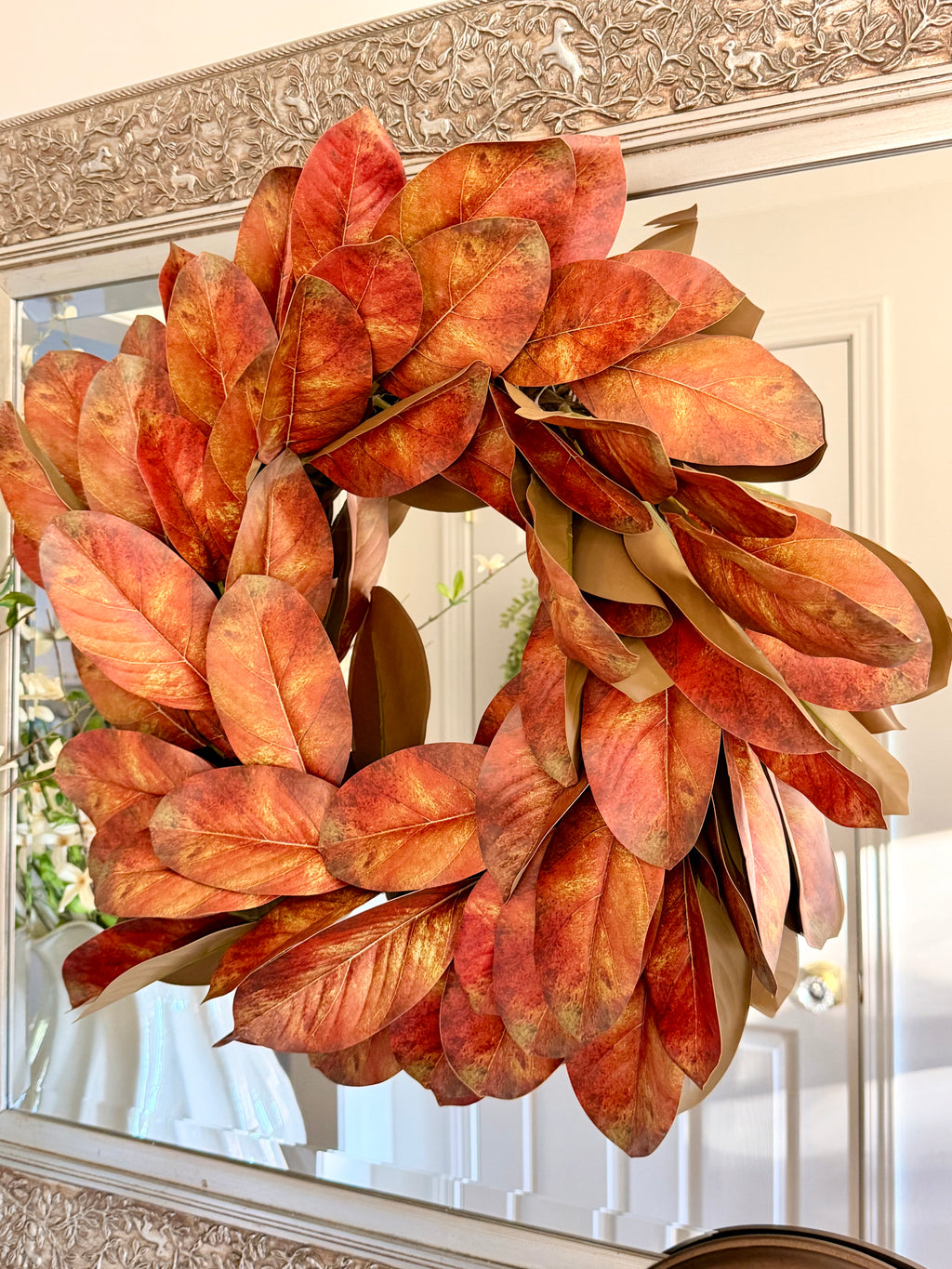 Rustling Fall Magnolia Wreath 24” Copper Faux Leaf Autumn Front Door