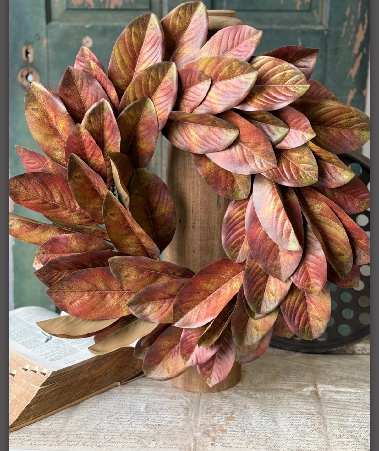 Rustling Fall Magnolia Wreath 24” Copper Faux Leaf Autumn Front Door