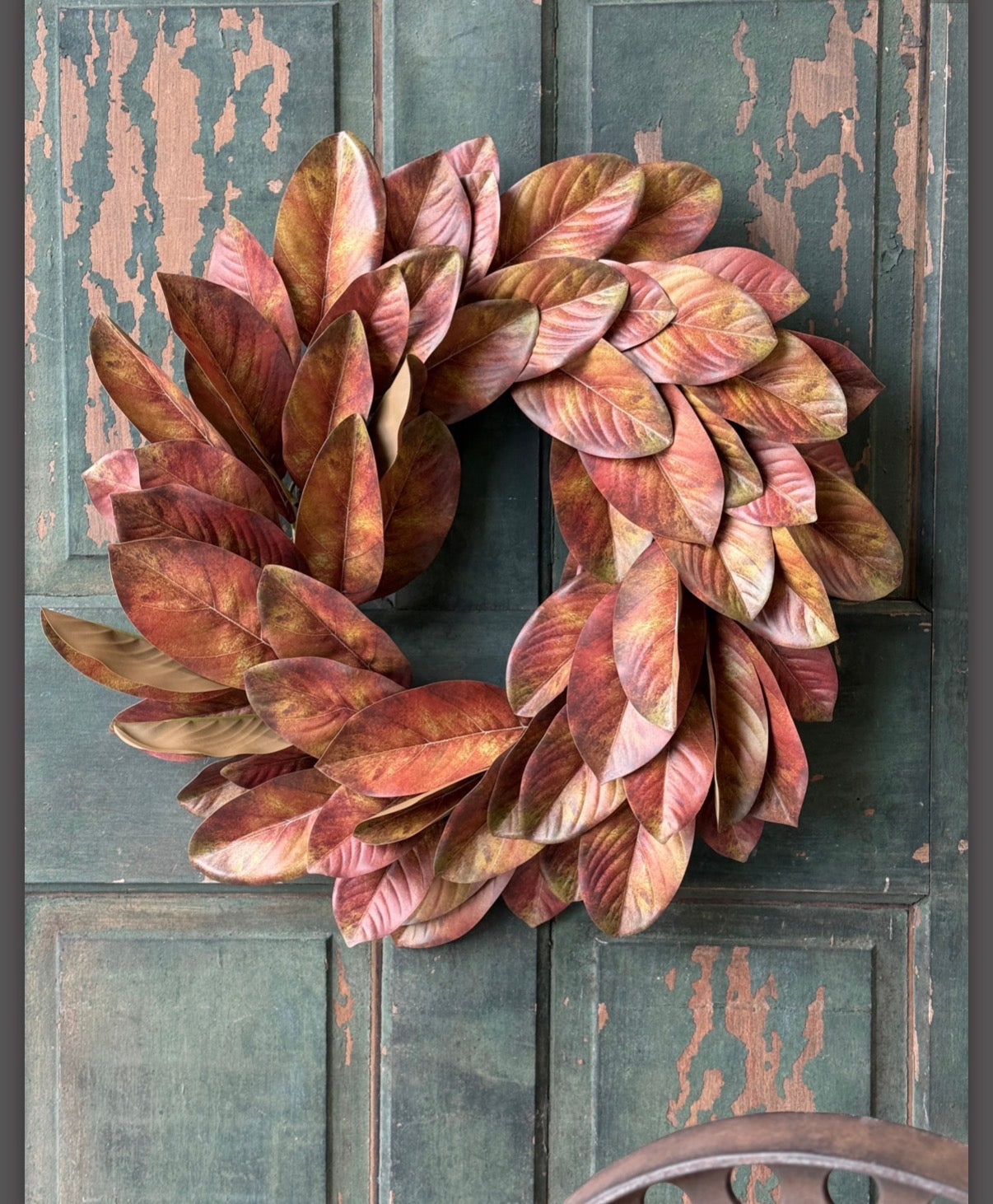 Rustling Fall Magnolia Wreath 24” Copper Faux Leaf Autumn Front Door