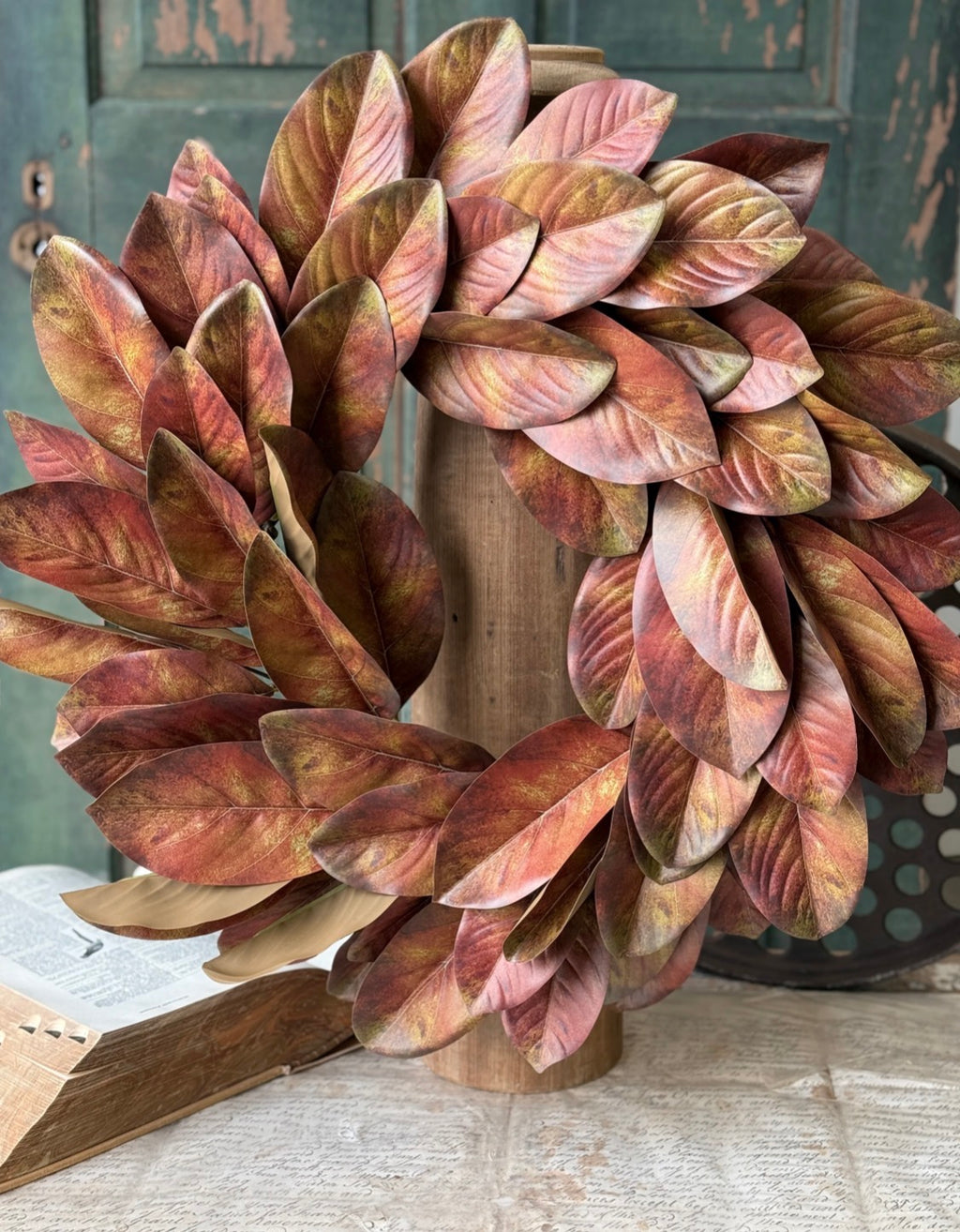 Rustling Fall Magnolia Wreath 24” Copper Faux Leaf Autumn Front Door