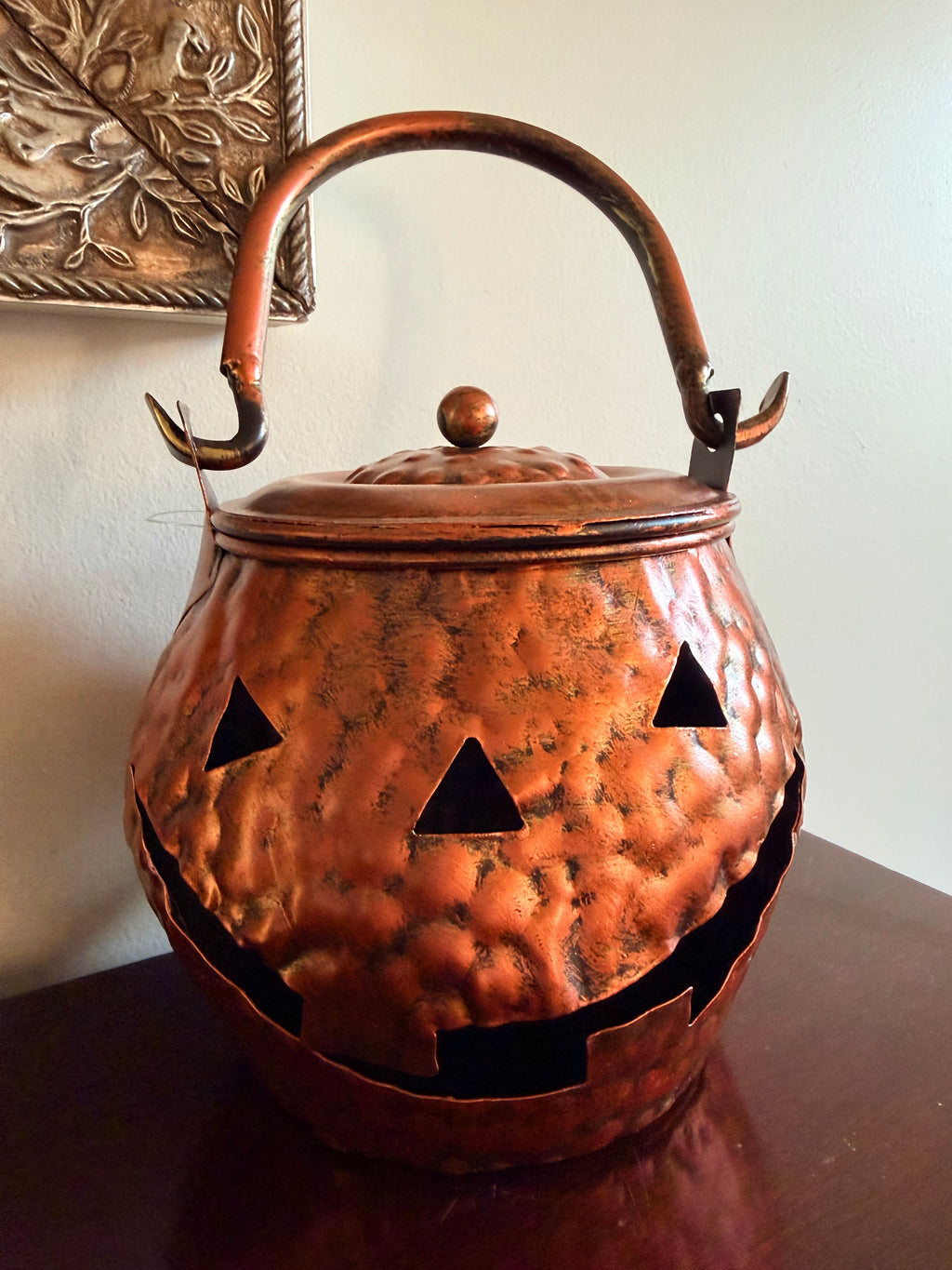 Copper Hammered Pumpkin Cauldron Hanging Jack O Lantern 6.75”