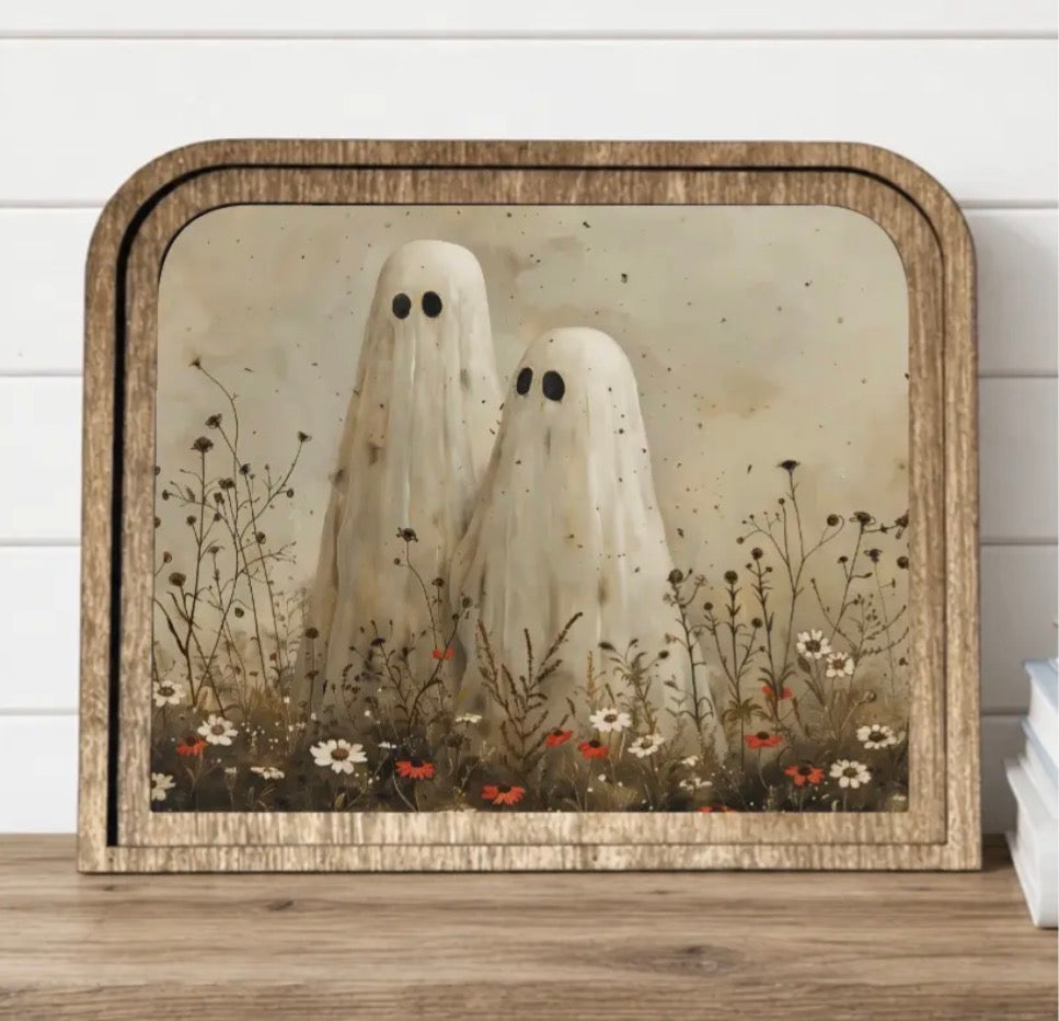 Vintage Ghosts In Meadow Framed Art Whimsical Halloween Wildflower